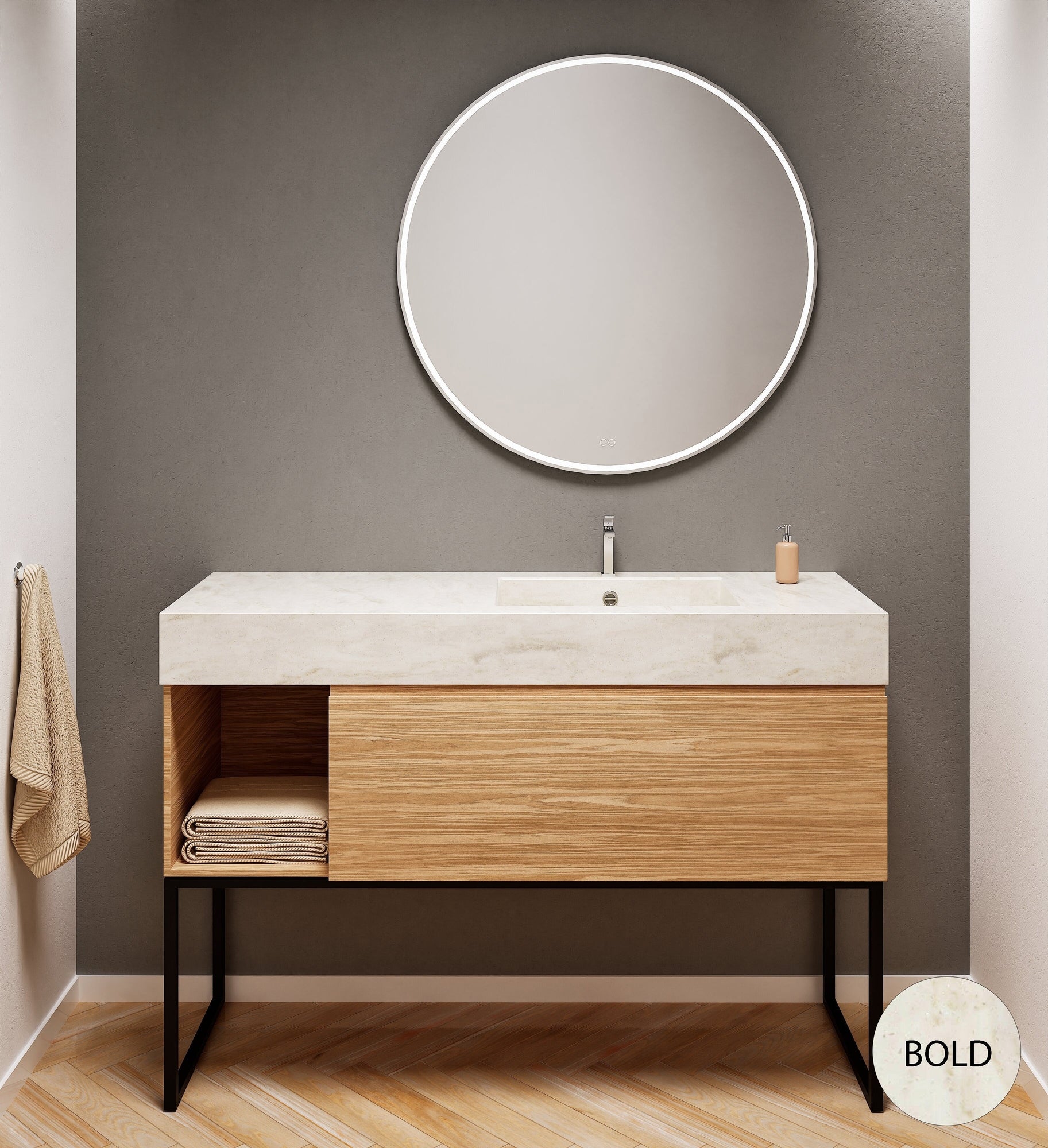 Aurora Single Set with Supporting Legs – Corian Basi & Countertop with 1 Drawer Vanity & Side Shelf - ROVALUX