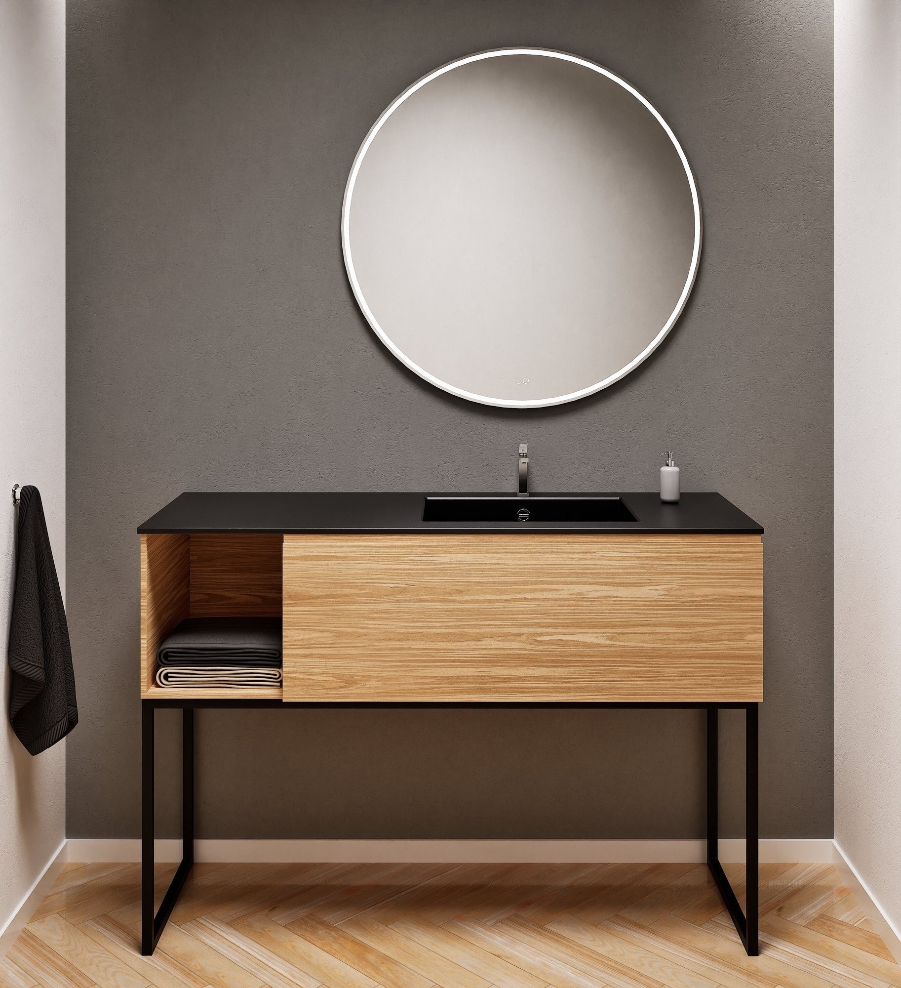 Aurora Single Set with Supporting Legs – Corian Basi & Countertop with 1 Drawer Vanity & Side Shelf - ROVALUX