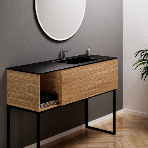 Aurora Single Set with Supporting Legs – Corian Basi & Countertop with 1 Drawer Vanity & Side Shelf - ROVALUX
