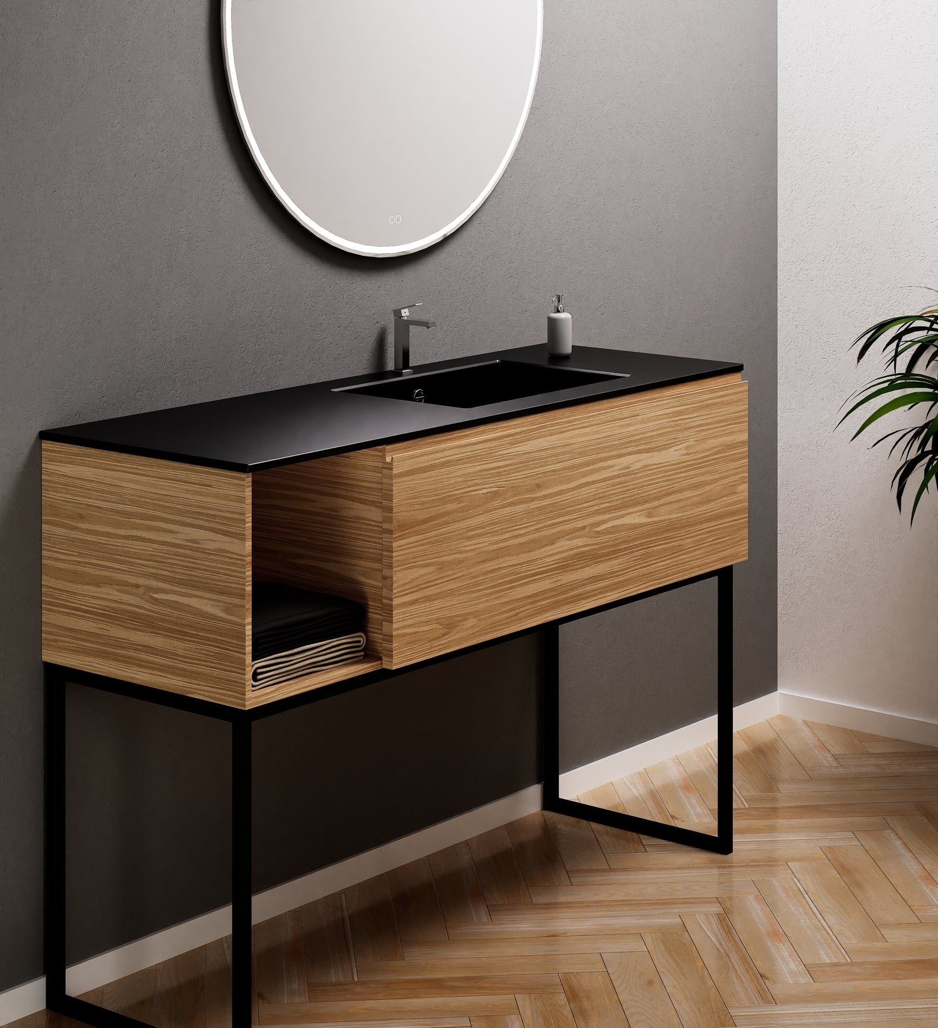 Aurora Single Set with Supporting Legs – Corian Basi & Countertop with 1 Drawer Vanity & Side Shelf - ROVALUX