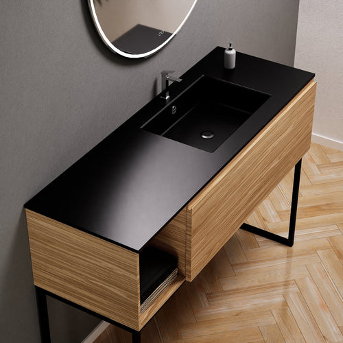Aurora Single Set with Supporting Legs – Corian Basi & Countertop with 1 Drawer Vanity & Side Shelf - ROVALUX