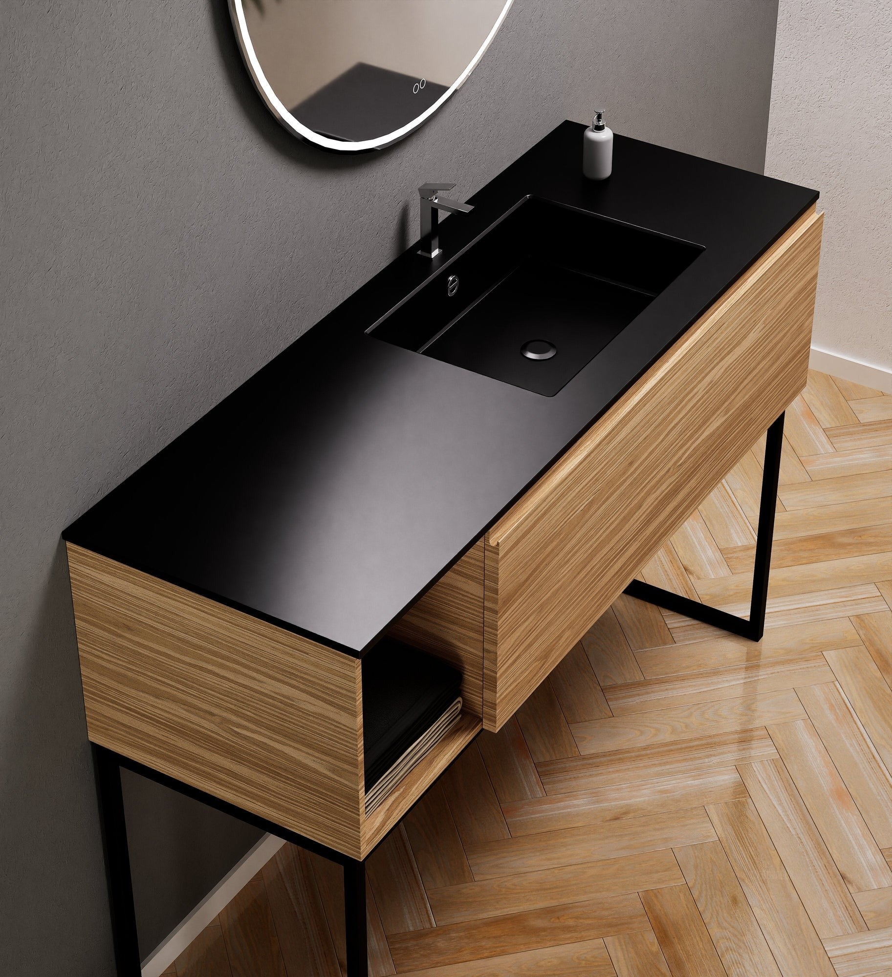 Aurora Single Set with Supporting Legs – Corian Basi & Countertop with 1 Drawer Vanity & Side Shelf - ROVALUX