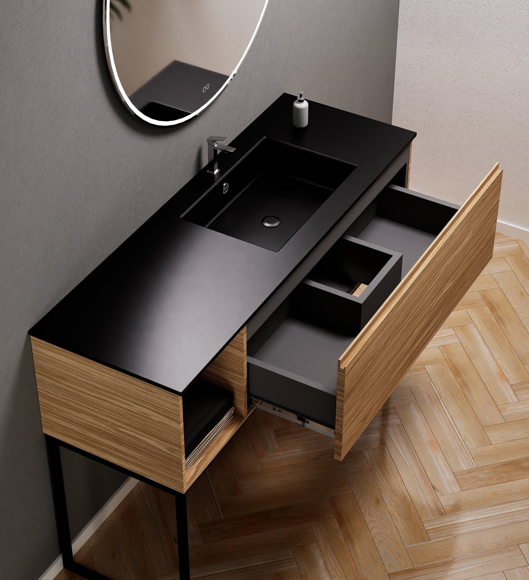 Aurora Single Set with Supporting Legs – Corian Basi & Countertop with 1 Drawer Vanity & Side Shelf - ROVALUX