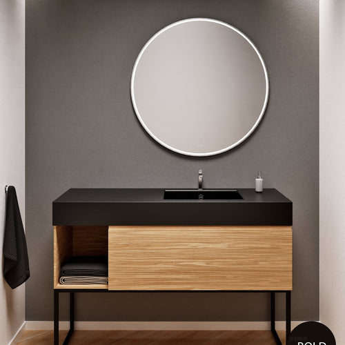 Aurora Single Set with Supporting Legs – Corian Basi & Countertop with 1 Drawer Vanity & Side Shelf - ROVALUX