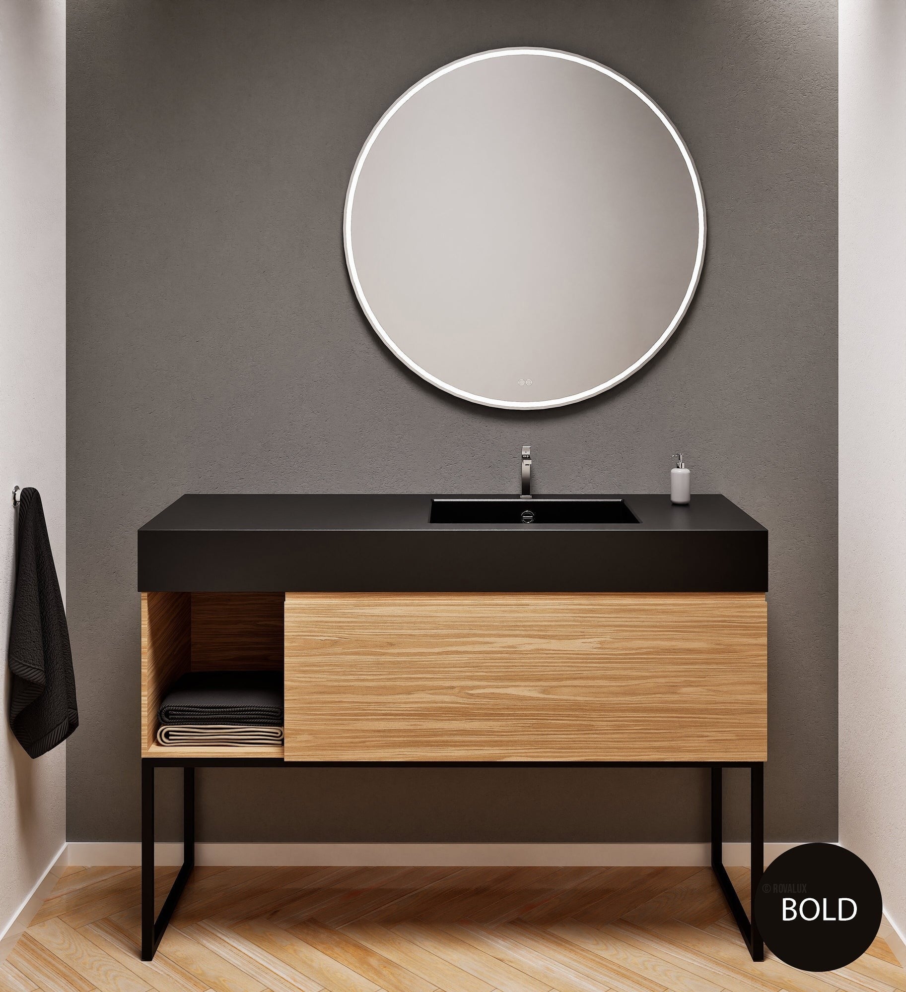 Aurora Single Set with Supporting Legs – Corian Basi & Countertop with 1 Drawer Vanity & Side Shelf - ROVALUX