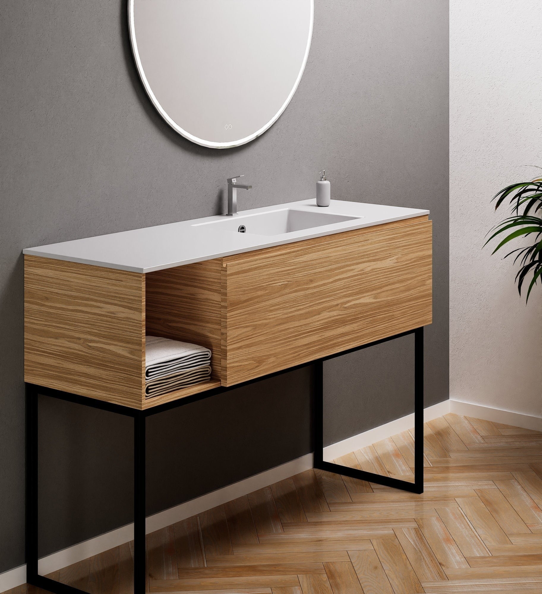 Aurora Single Set with Supporting Legs – Corian Basi & Countertop with 1 Drawer Vanity & Side Shelf - ROVALUX