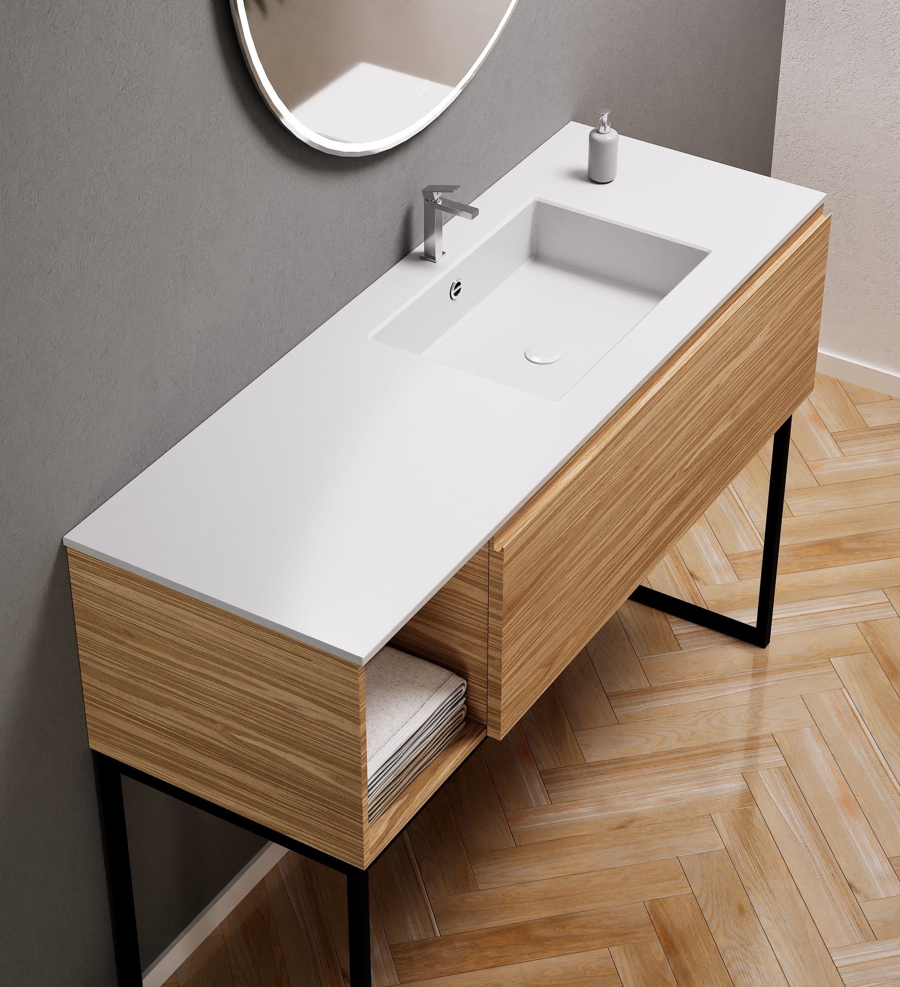 Aurora Single Set with Supporting Legs – Corian Basi & Countertop with 1 Drawer Vanity & Side Shelf - ROVALUX