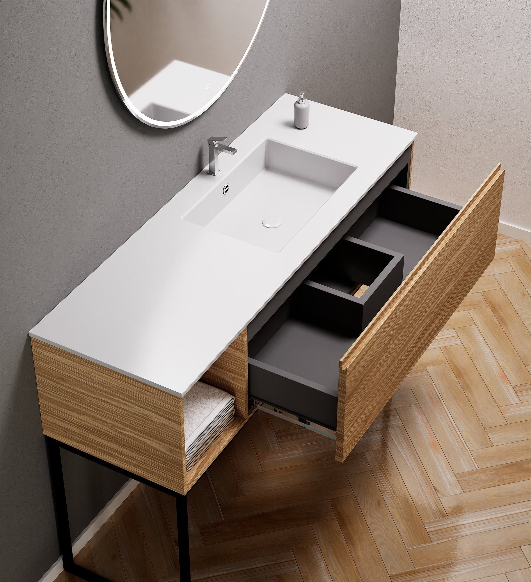 Aurora Single Set with Supporting Legs – Corian Basi & Countertop with 1 Drawer Vanity & Side Shelf - ROVALUX