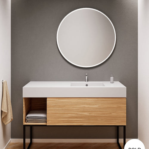 Aurora Single Set with Supporting Legs – Corian Basi & Countertop with 1 Drawer Vanity & Side Shelf - ROVALUX