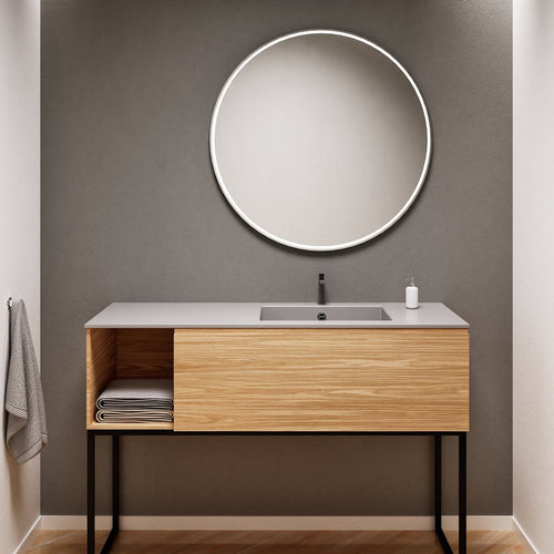 Aurora Single Set with Supporting Legs – Corian Basi & Countertop with 1 Drawer Vanity & Side Shelf - ROVALUX