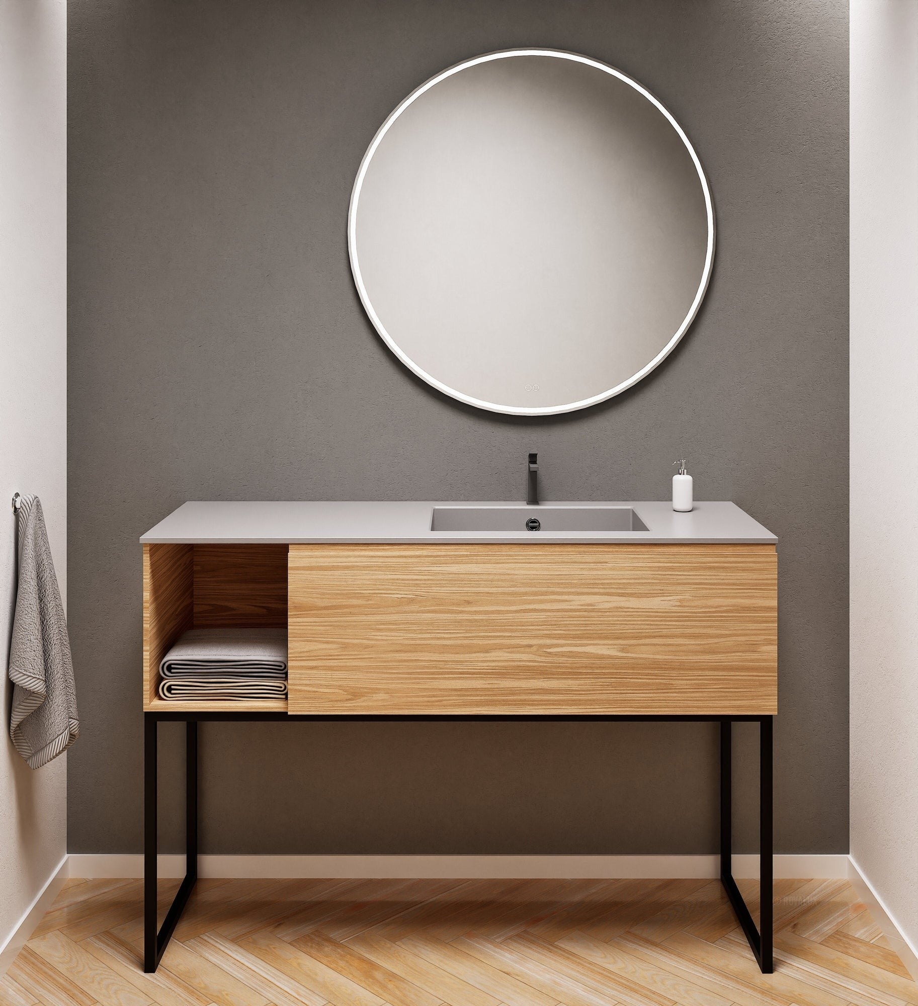 Aurora Single Set with Supporting Legs – Corian Basi & Countertop with 1 Drawer Vanity & Side Shelf - ROVALUX