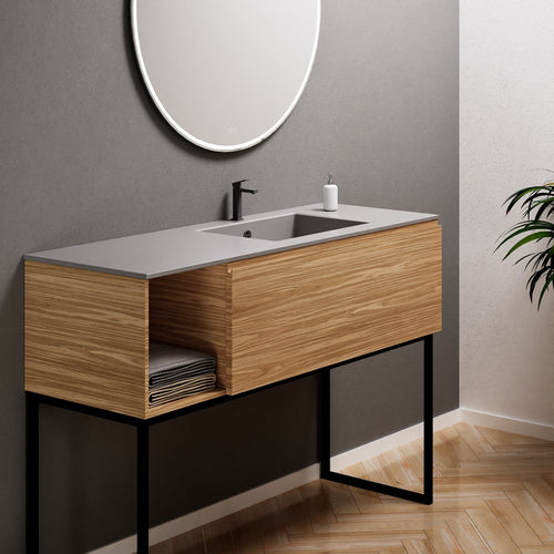 Aurora Single Set with Supporting Legs – Corian Basi & Countertop with 1 Drawer Vanity & Side Shelf - ROVALUX