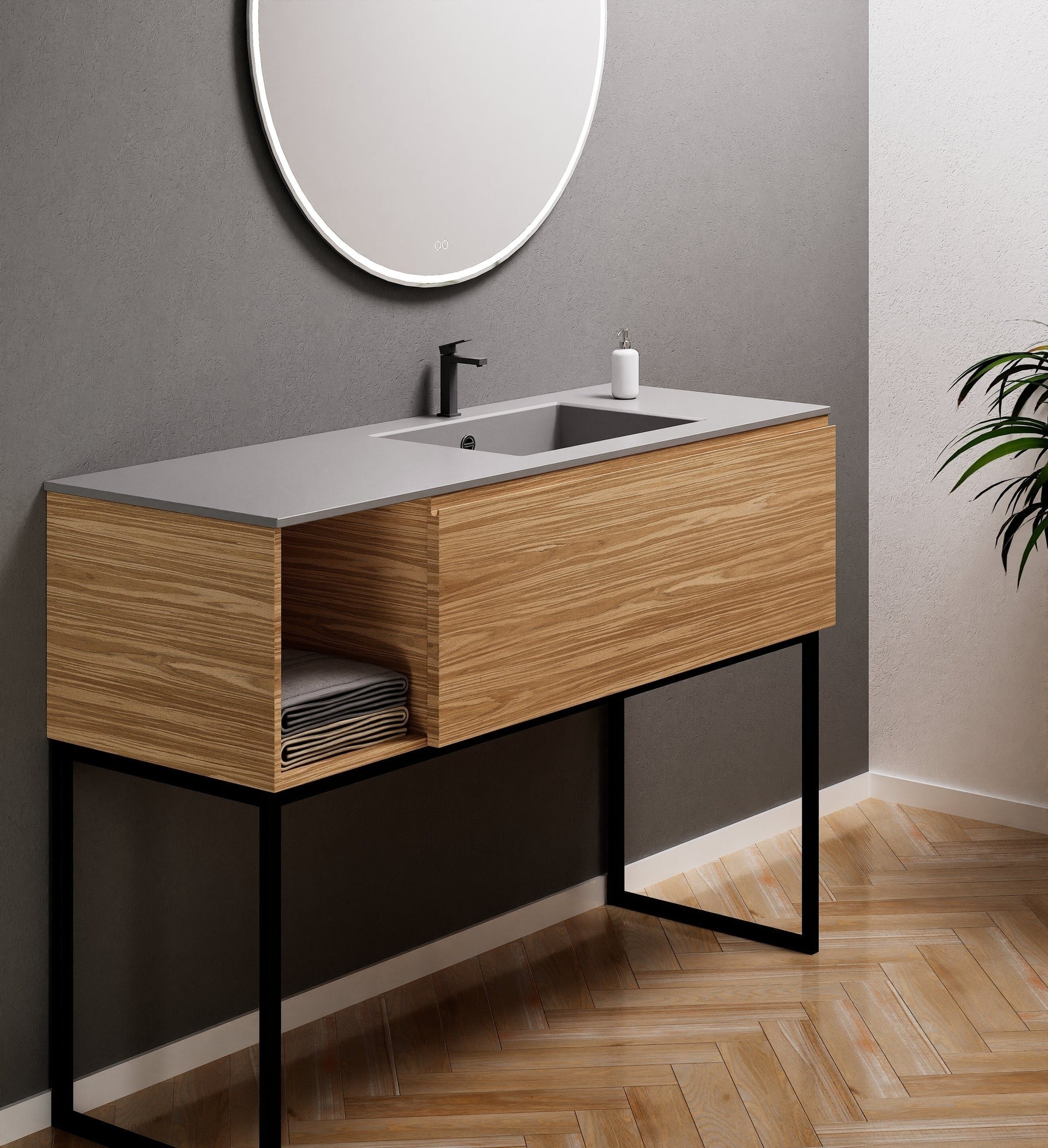 Aurora Single Set with Supporting Legs – Corian Basi & Countertop with 1 Drawer Vanity & Side Shelf - ROVALUX