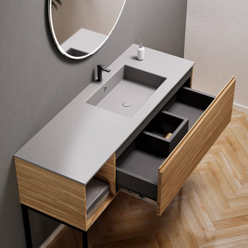 Aurora Single Set with Supporting Legs – Corian Basi & Countertop with 1 Drawer Vanity & Side Shelf - ROVALUX