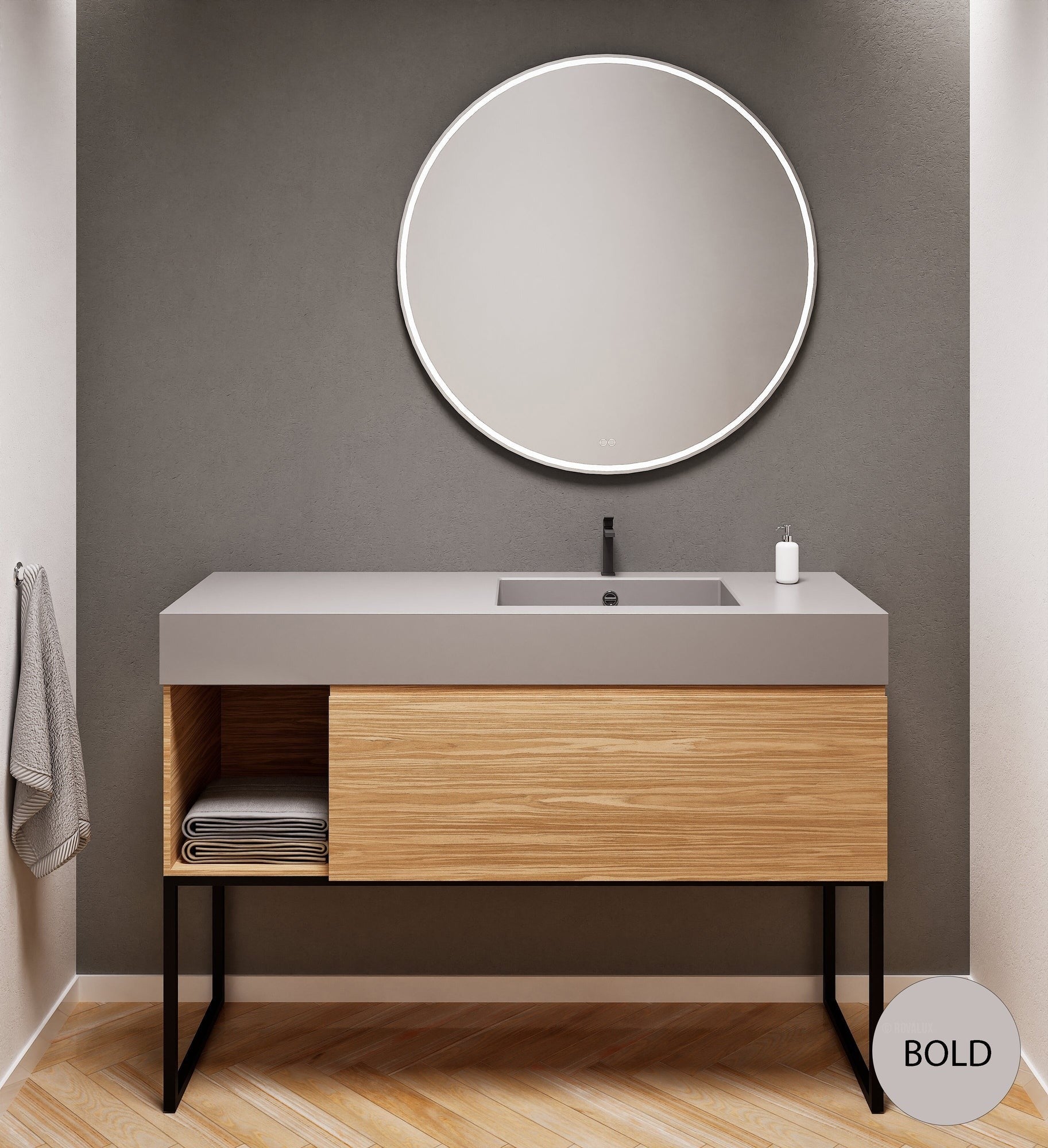Aurora Single Set with Supporting Legs – Corian Basi & Countertop with 1 Drawer Vanity & Side Shelf - ROVALUX