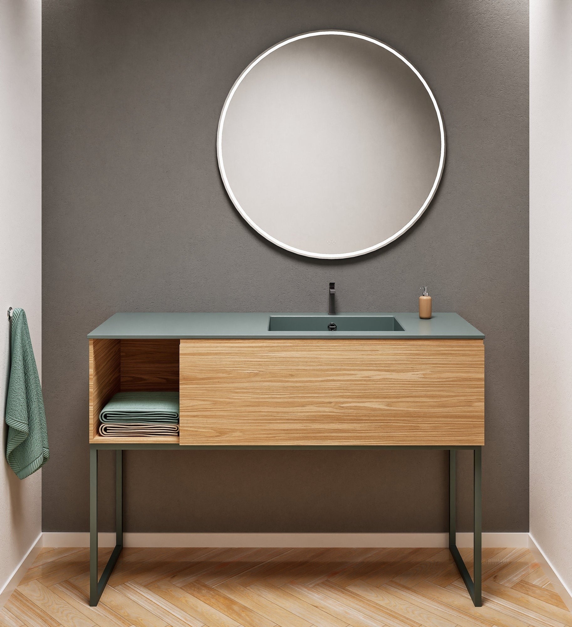Aurora Single Set with Supporting Legs – Corian Basi & Countertop with 1 Drawer Vanity & Side Shelf - ROVALUX