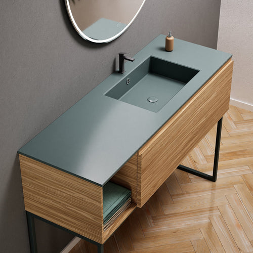 Aurora Single Set with Supporting Legs – Corian Basi & Countertop with 1 Drawer Vanity & Side Shelf - ROVALUX