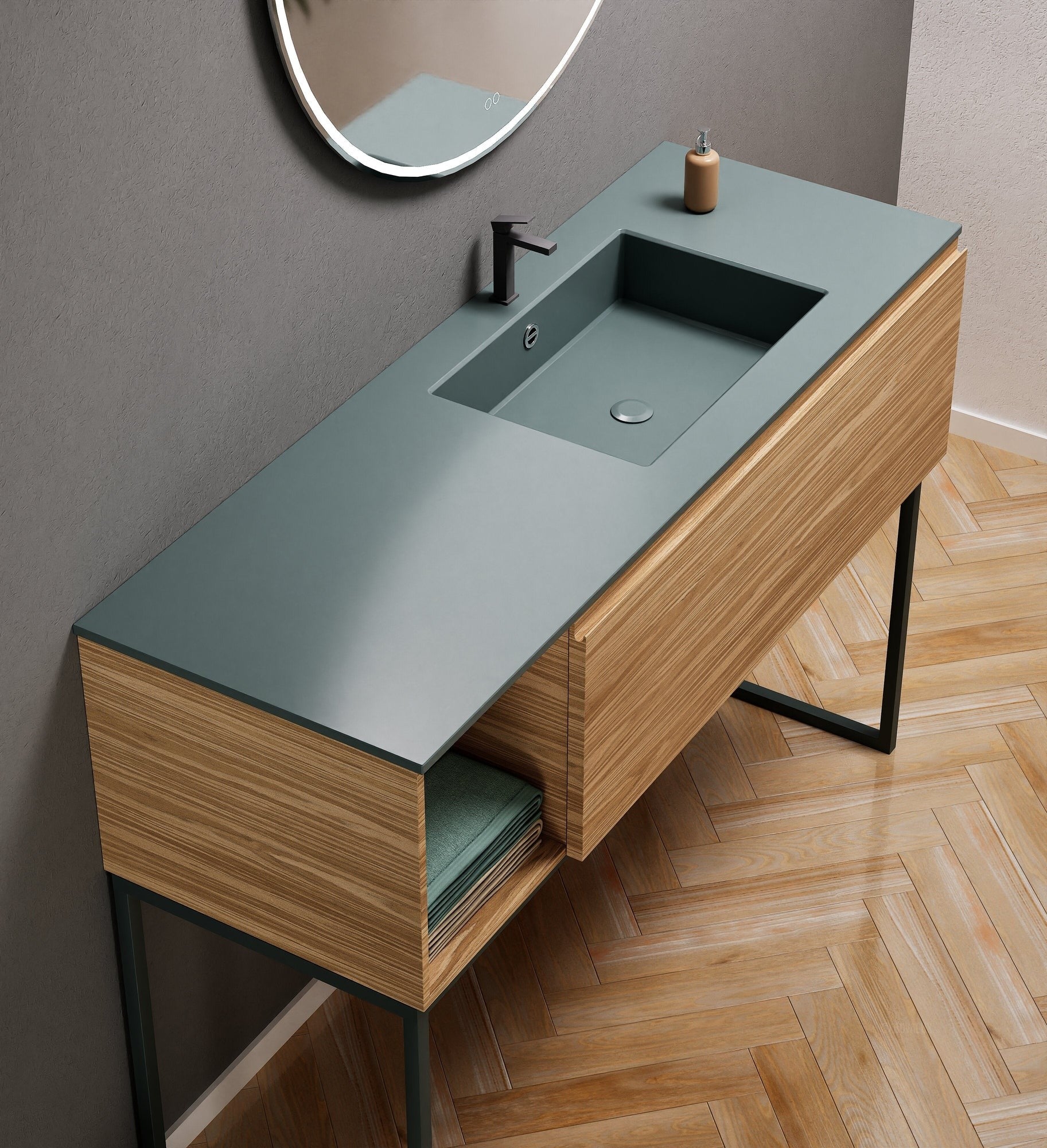 Aurora Single Set with Supporting Legs – Corian Basi & Countertop with 1 Drawer Vanity & Side Shelf - ROVALUX