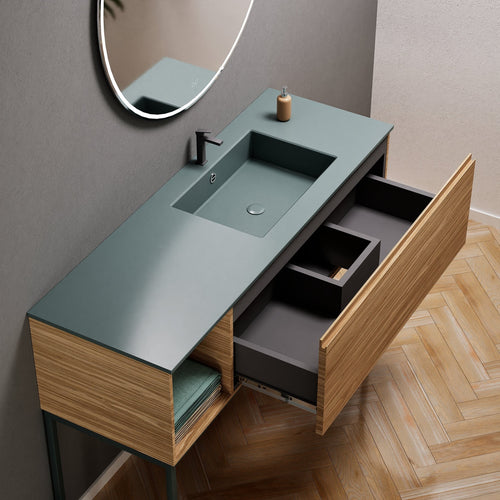 Aurora Single Set with Supporting Legs – Corian Basi & Countertop with 1 Drawer Vanity & Side Shelf - ROVALUX