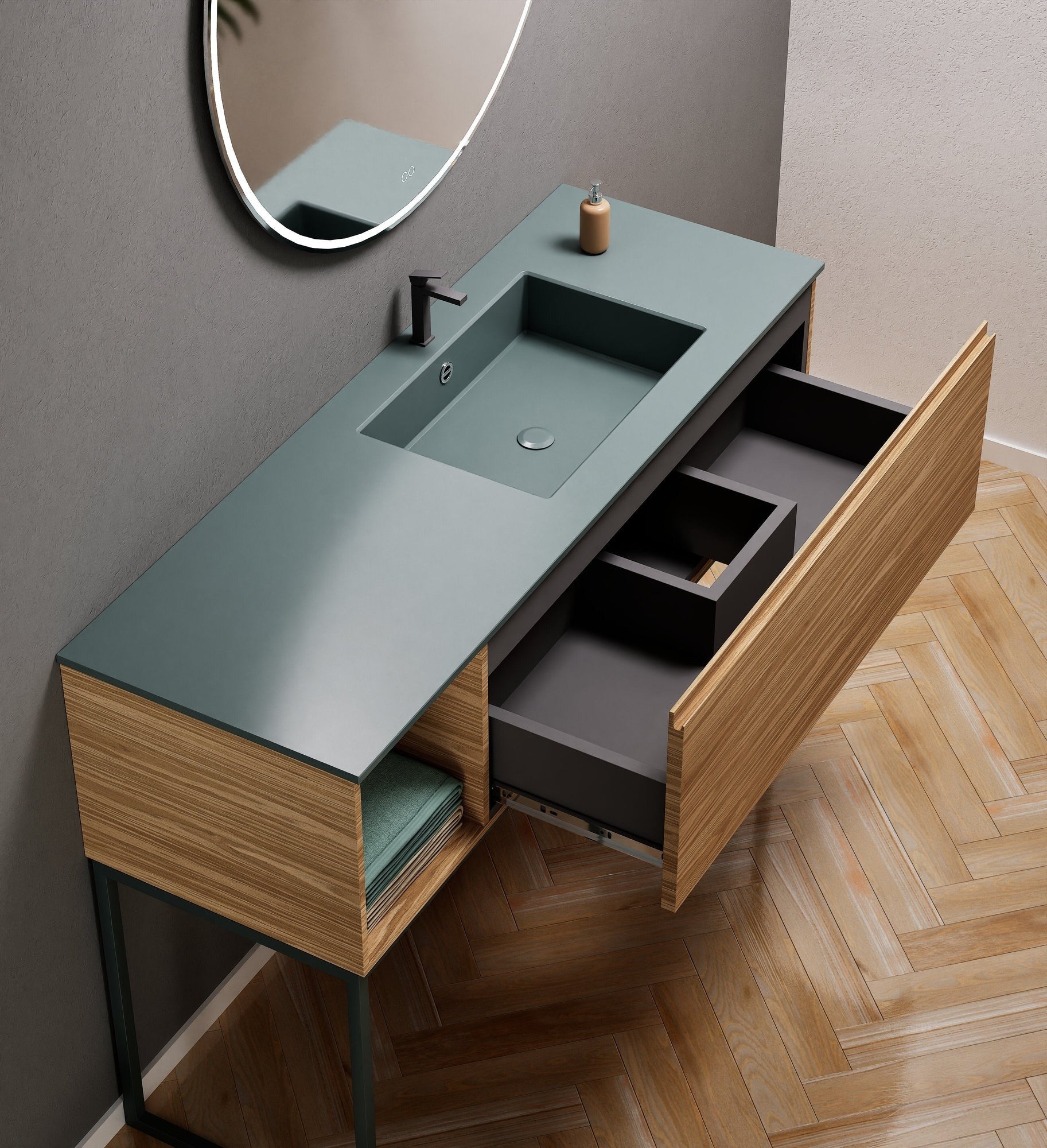 Aurora Single Set with Supporting Legs – Corian Basi & Countertop with 1 Drawer Vanity & Side Shelf - ROVALUX