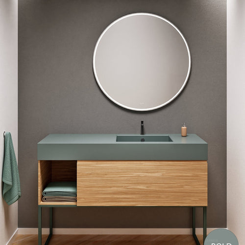 Aurora Single Set with Supporting Legs – Corian Basi & Countertop with 1 Drawer Vanity & Side Shelf - ROVALUX