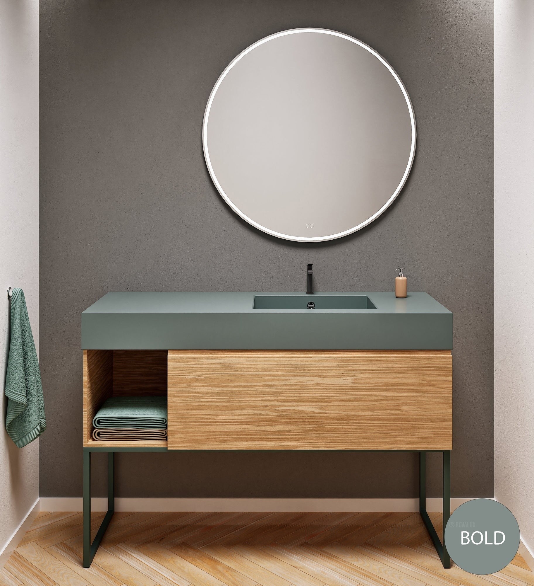 Aurora Single Set with Supporting Legs – Corian Basi & Countertop with 1 Drawer Vanity & Side Shelf - ROVALUX