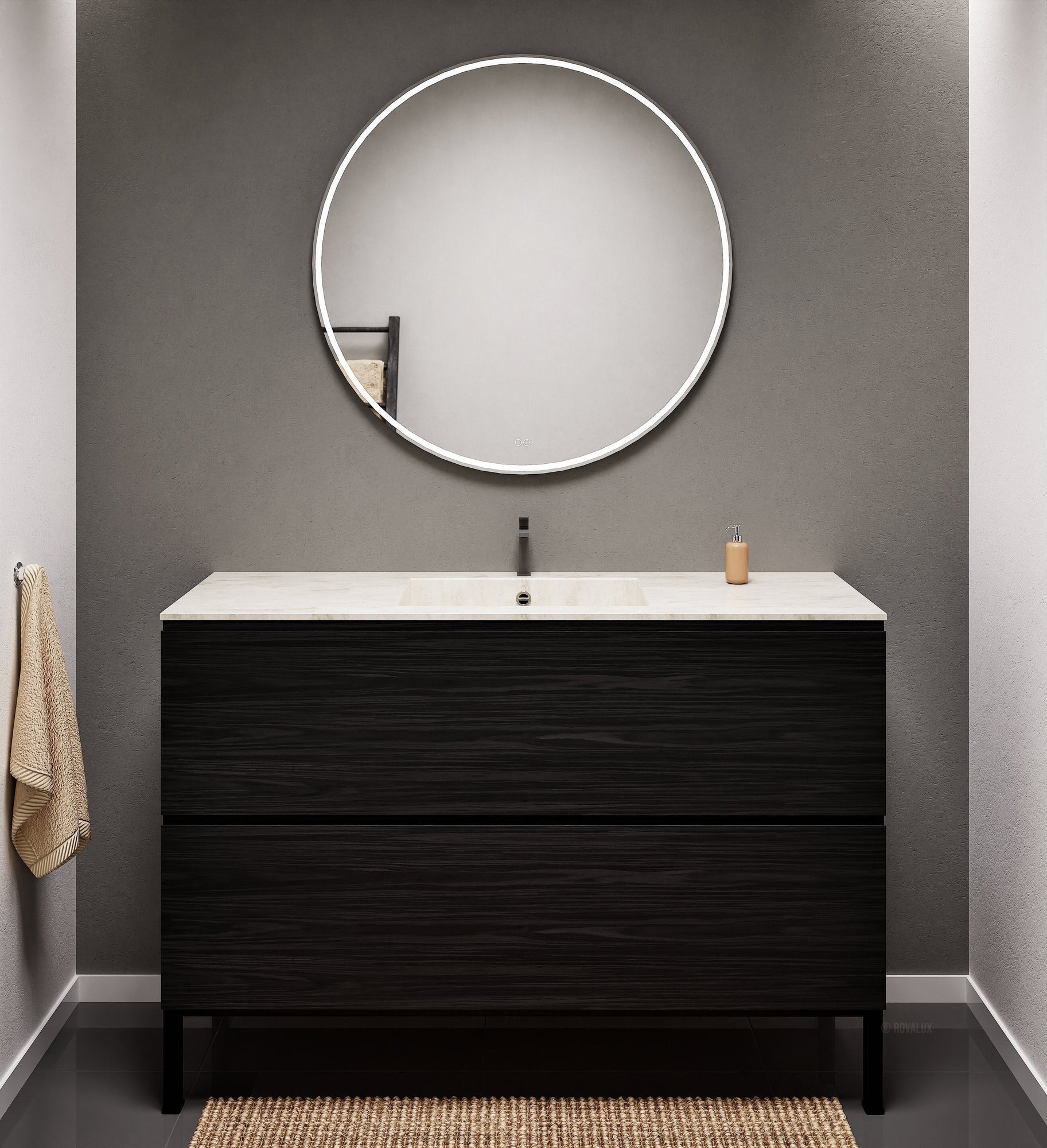 Aurora Single Set With Supporting Legs – Corian Sink & Countertop with 2 Drawers Vanity - ROVALUX
