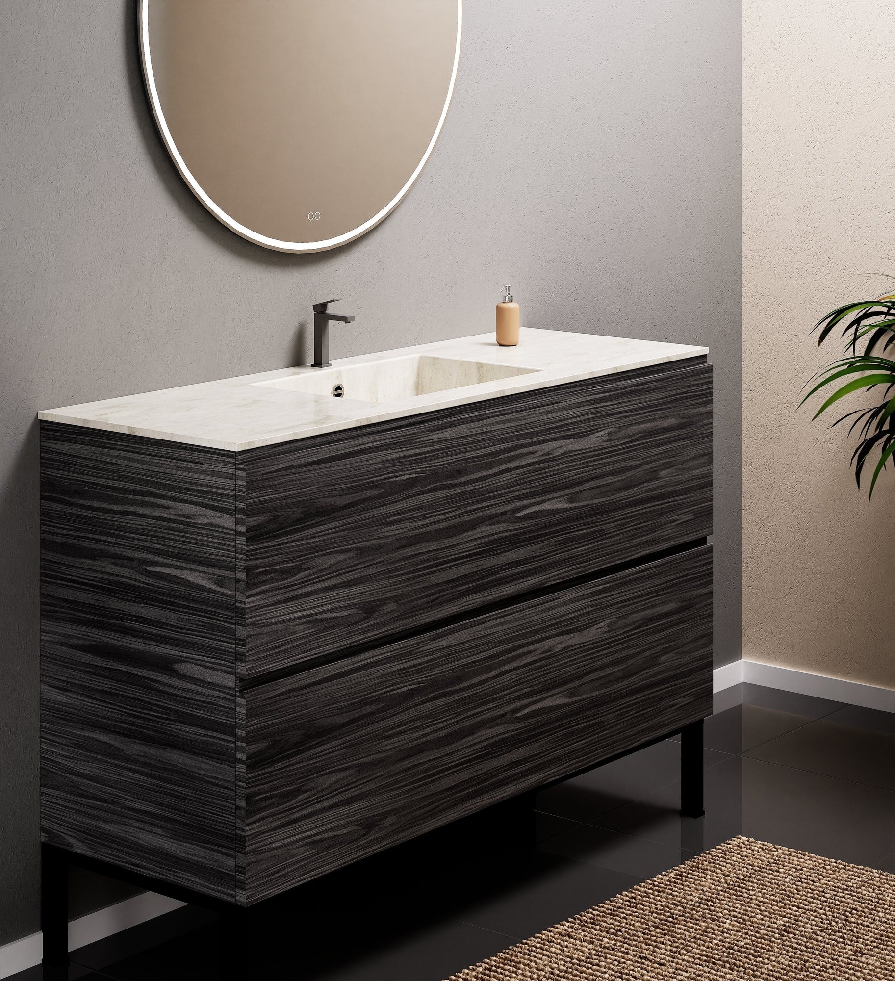 Aurora Single Set With Supporting Legs – Corian Sink & Countertop with 2 Drawers Vanity - ROVALUX