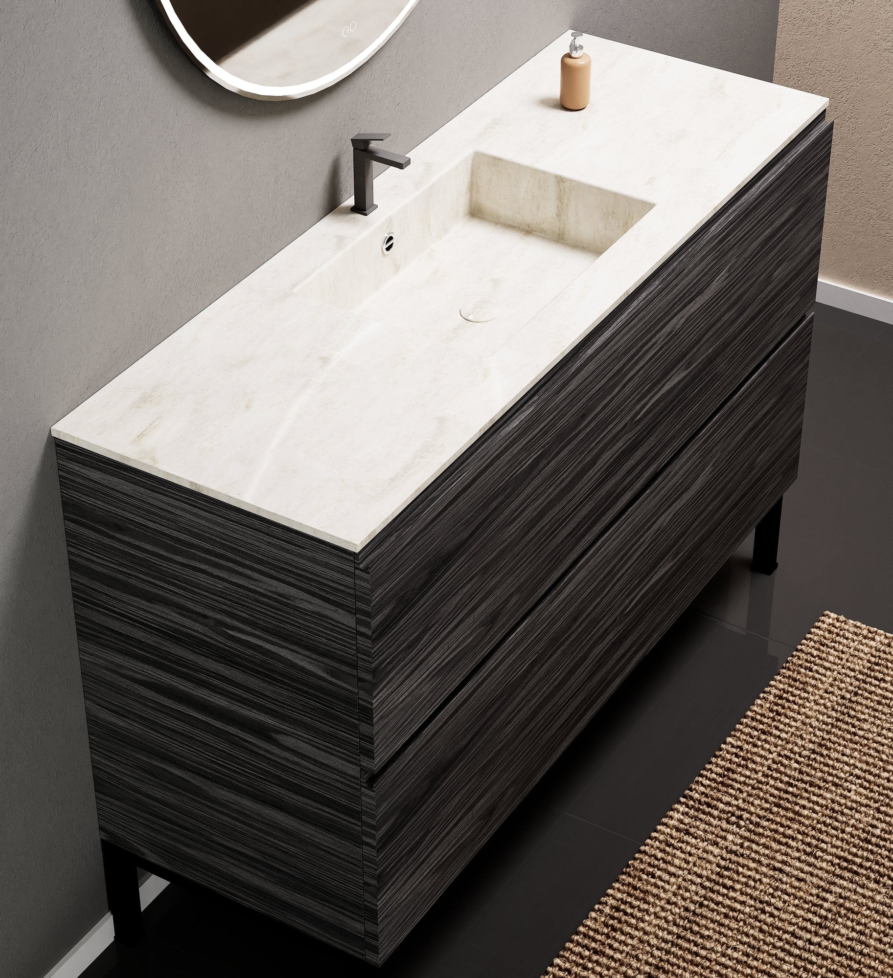 Aurora Single Set With Supporting Legs – Corian Sink & Countertop with 2 Drawers Vanity - ROVALUX