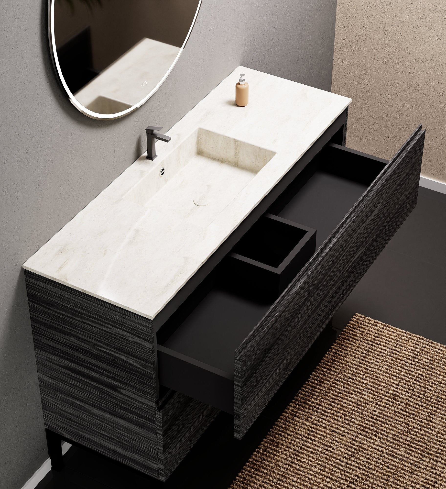 Aurora Single Set With Supporting Legs – Corian Sink & Countertop with 2 Drawers Vanity - ROVALUX