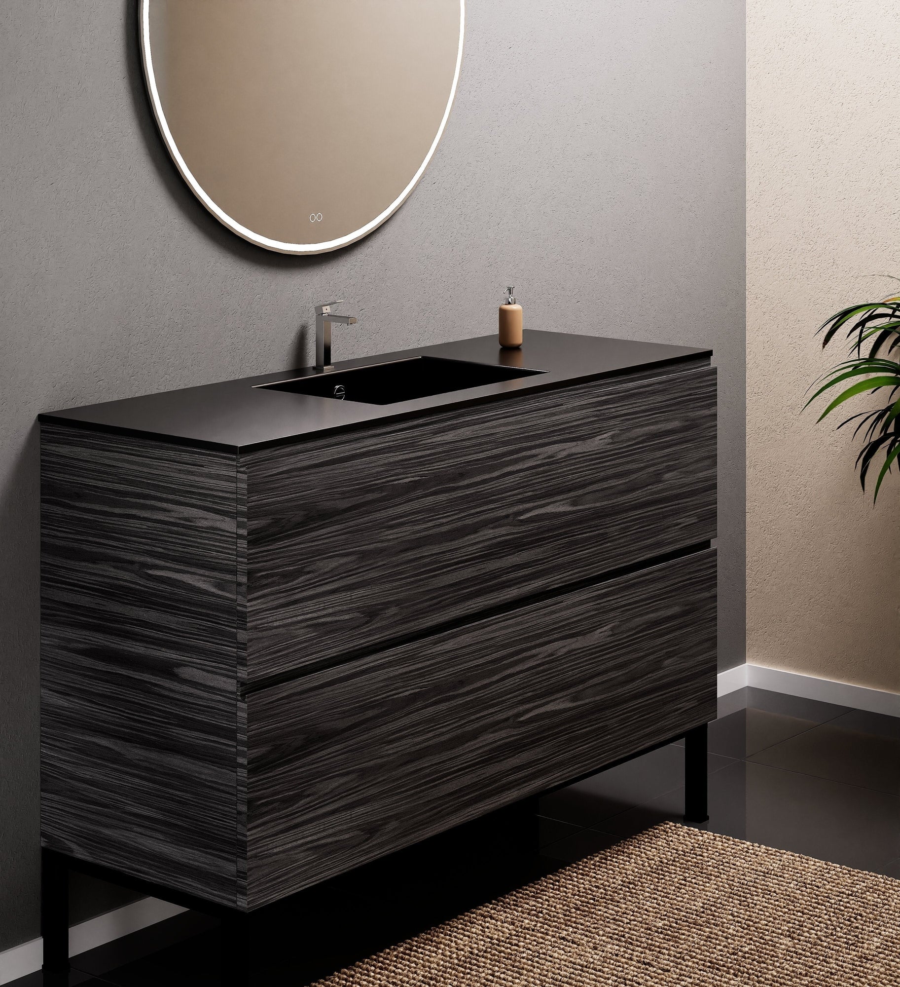 Aurora Single Set With Supporting Legs – Corian Sink & Countertop with 2 Drawers Vanity - ROVALUX