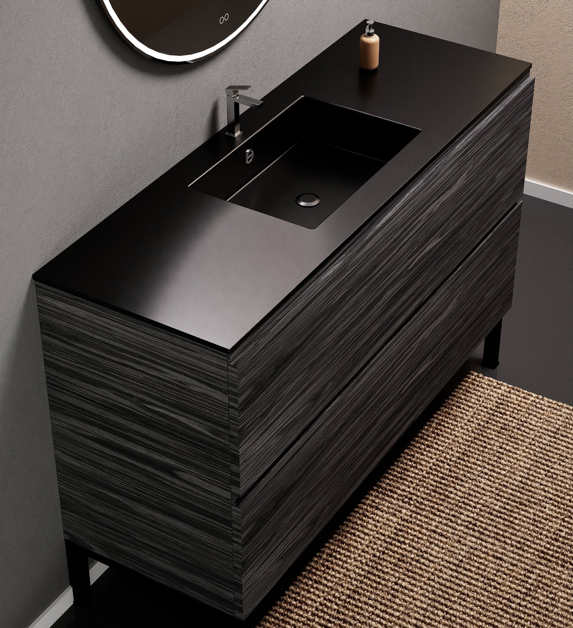 Aurora Single Set With Supporting Legs – Corian Sink & Countertop with 2 Drawers Vanity - ROVALUX