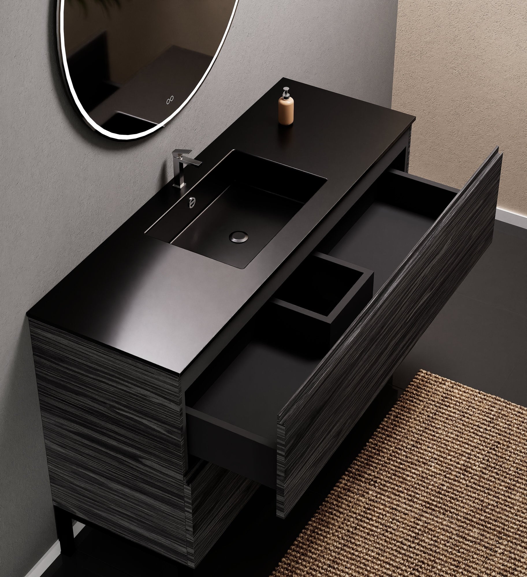 Aurora Single Set With Supporting Legs – Corian Sink & Countertop with 2 Drawers Vanity - ROVALUX