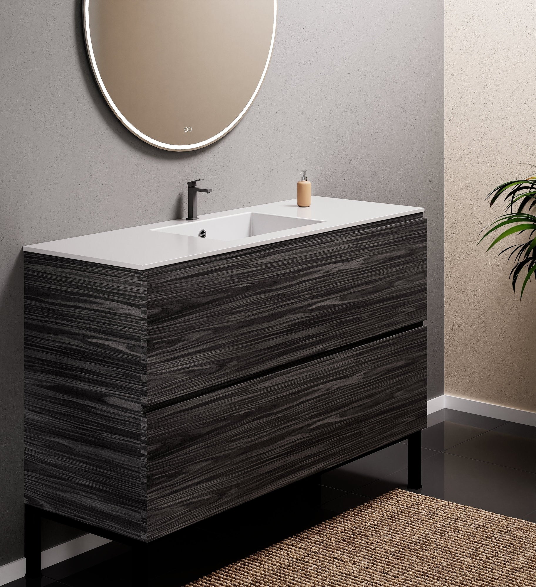 Aurora Single Set With Supporting Legs – Corian Sink & Countertop with 2 Drawers Vanity - ROVALUX