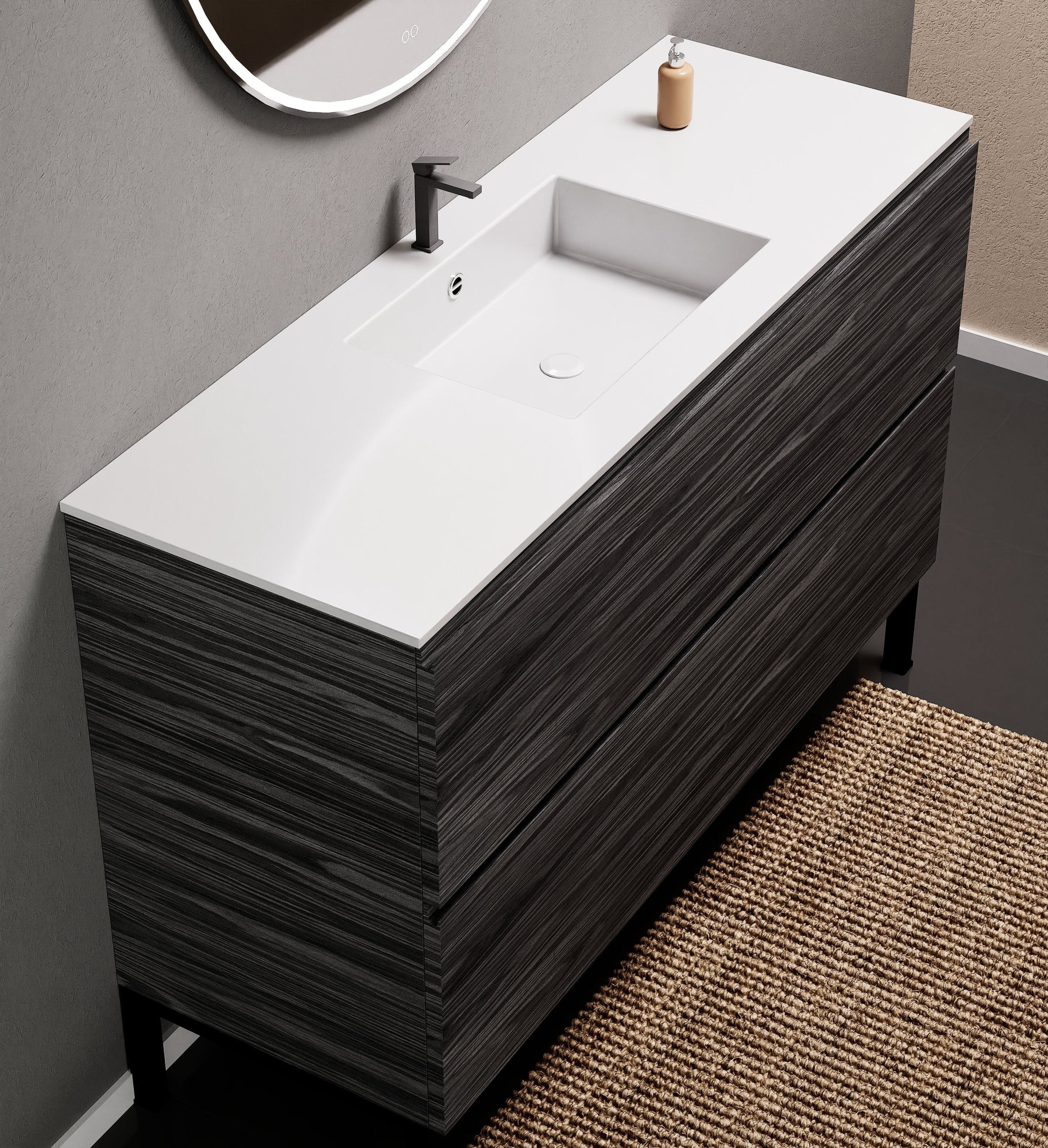 Aurora Single Set With Supporting Legs – Corian Sink & Countertop with 2 Drawers Vanity - ROVALUX