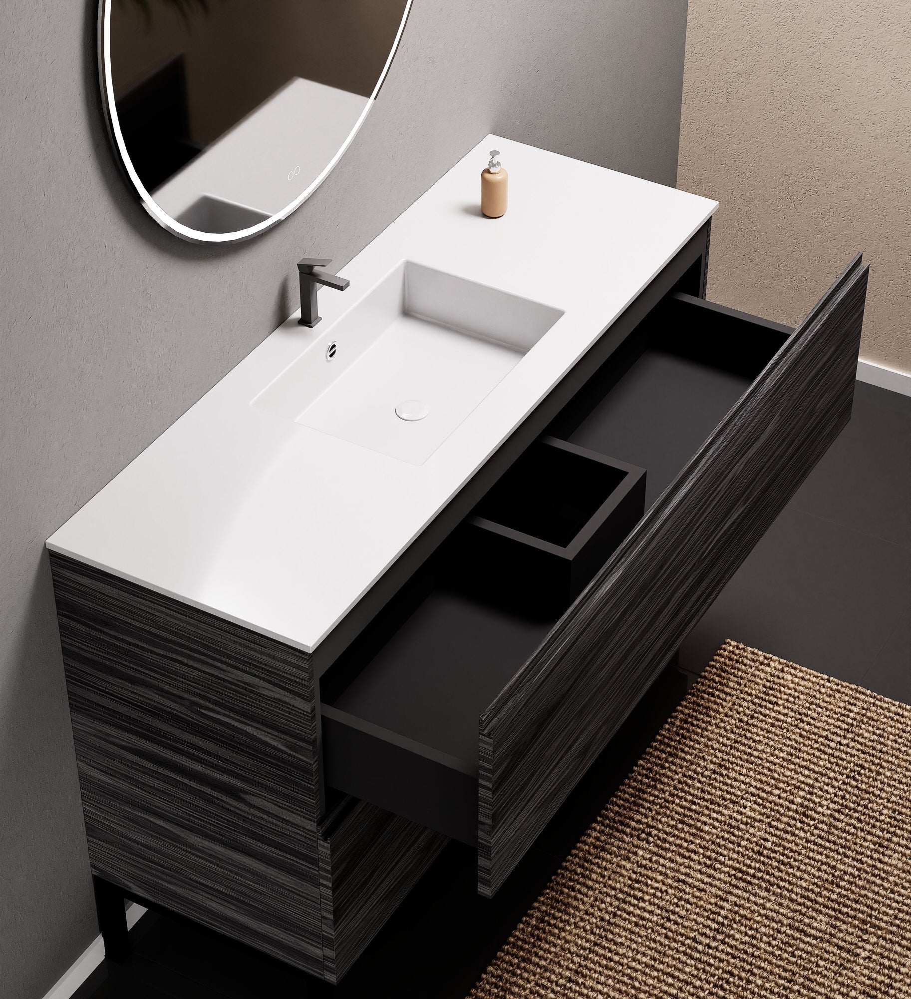 Aurora Single Set With Supporting Legs – Corian Sink & Countertop with 2 Drawers Vanity - ROVALUX