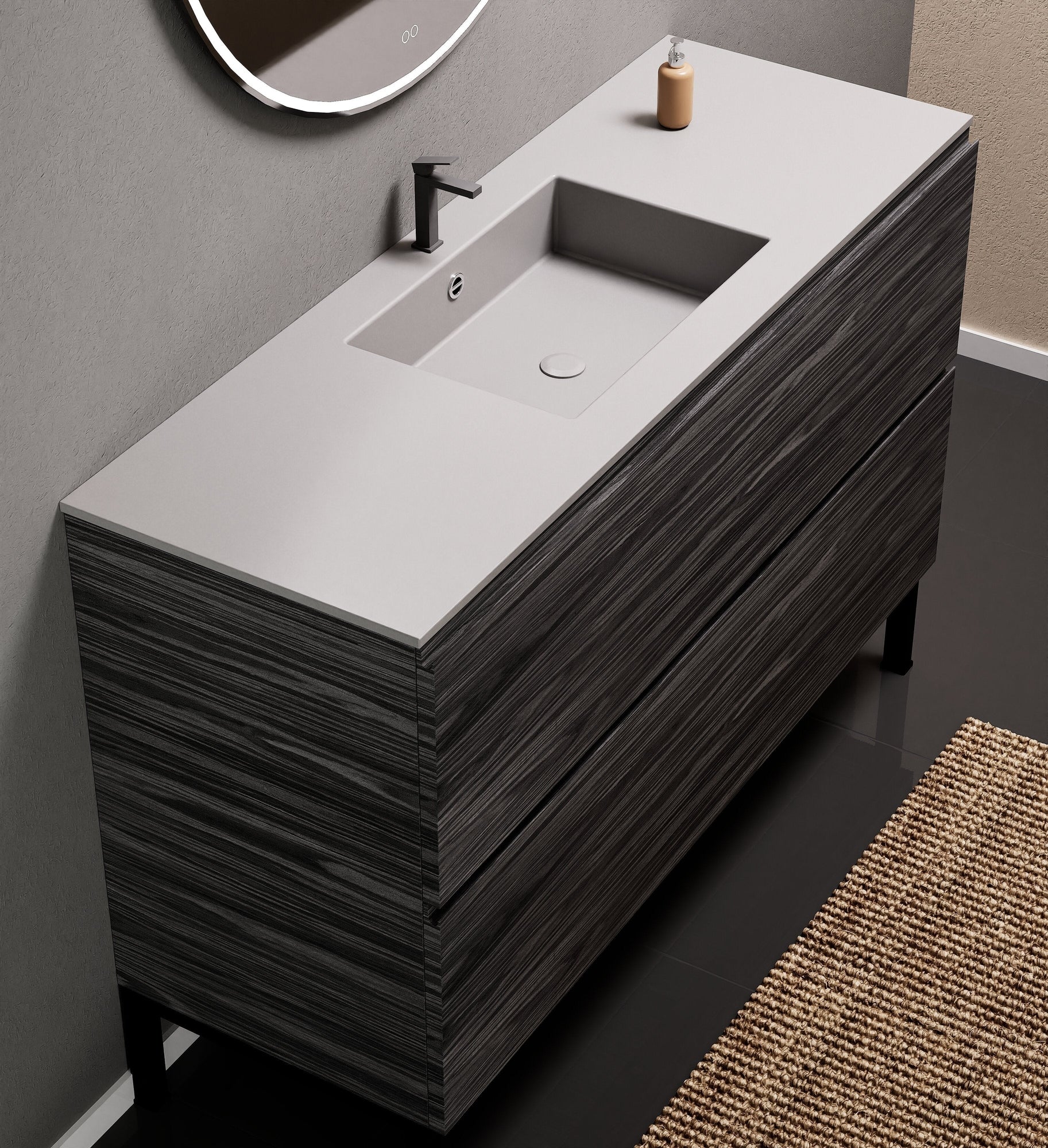 Aurora Single Set With Supporting Legs – Corian Sink & Countertop with 2 Drawers Vanity - ROVALUX
