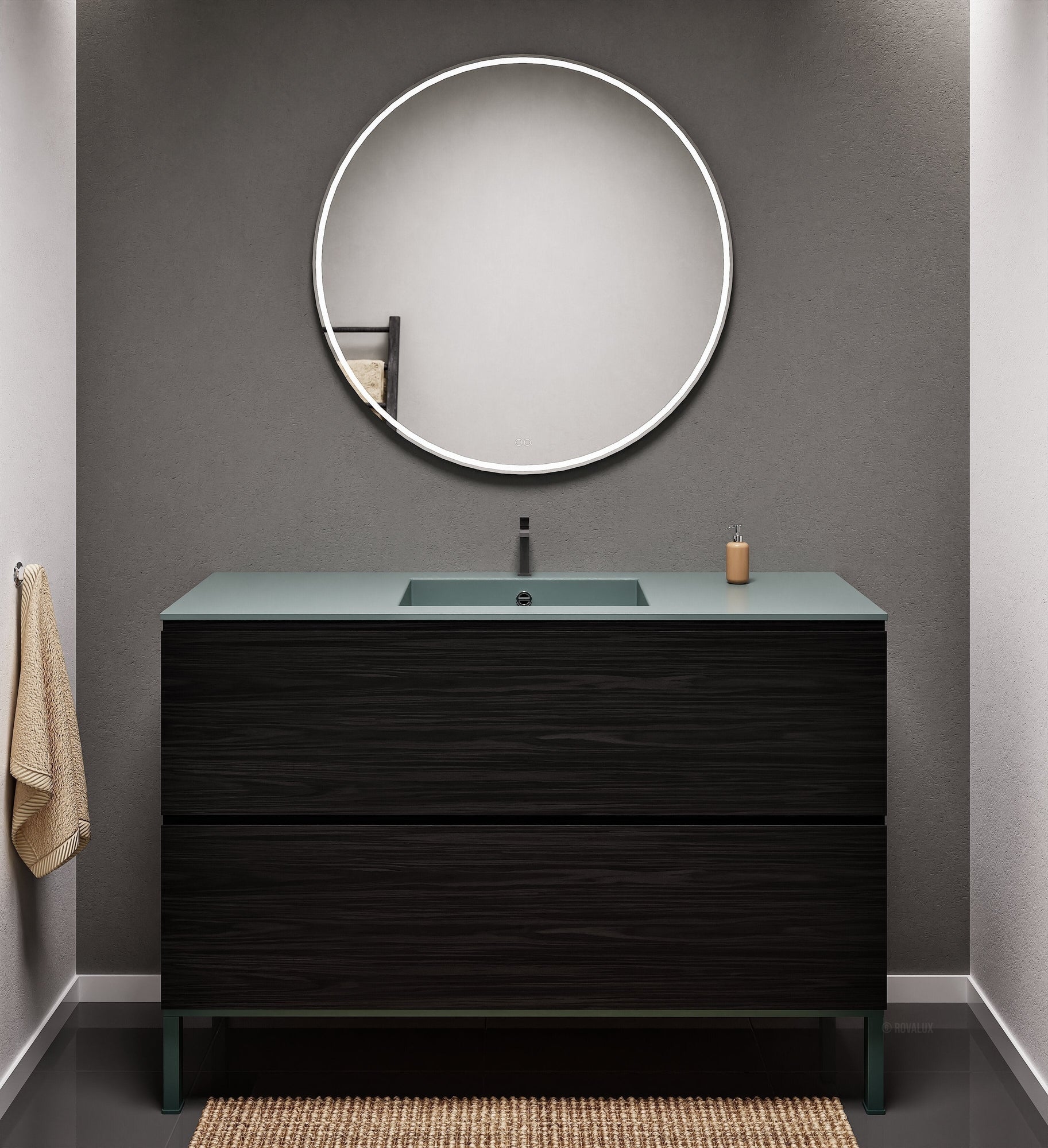 Aurora Single Set With Supporting Legs – Corian Sink & Countertop with 2 Drawers Vanity - ROVALUX