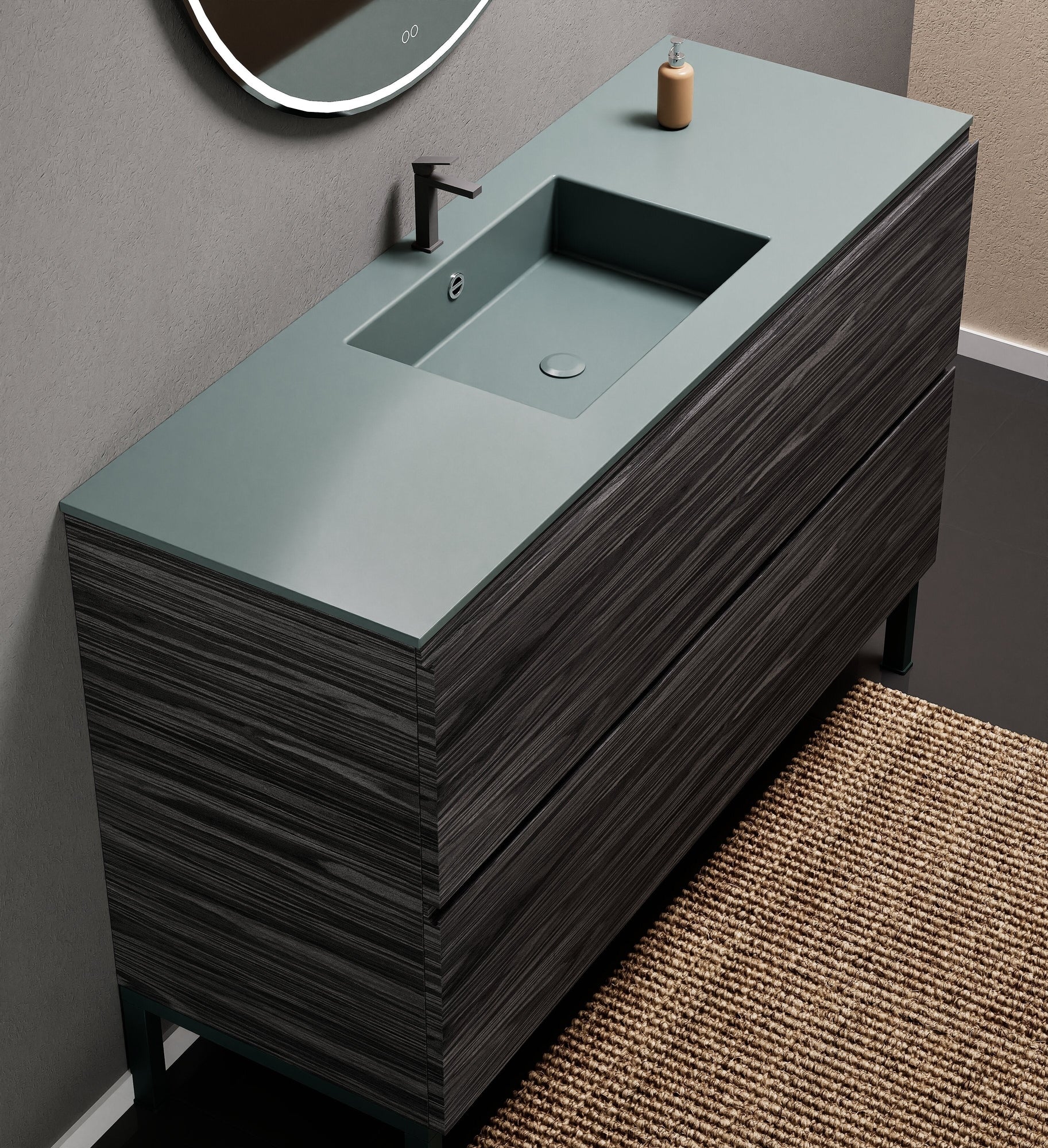 Aurora Single Set With Supporting Legs – Corian Sink & Countertop with 2 Drawers Vanity - ROVALUX