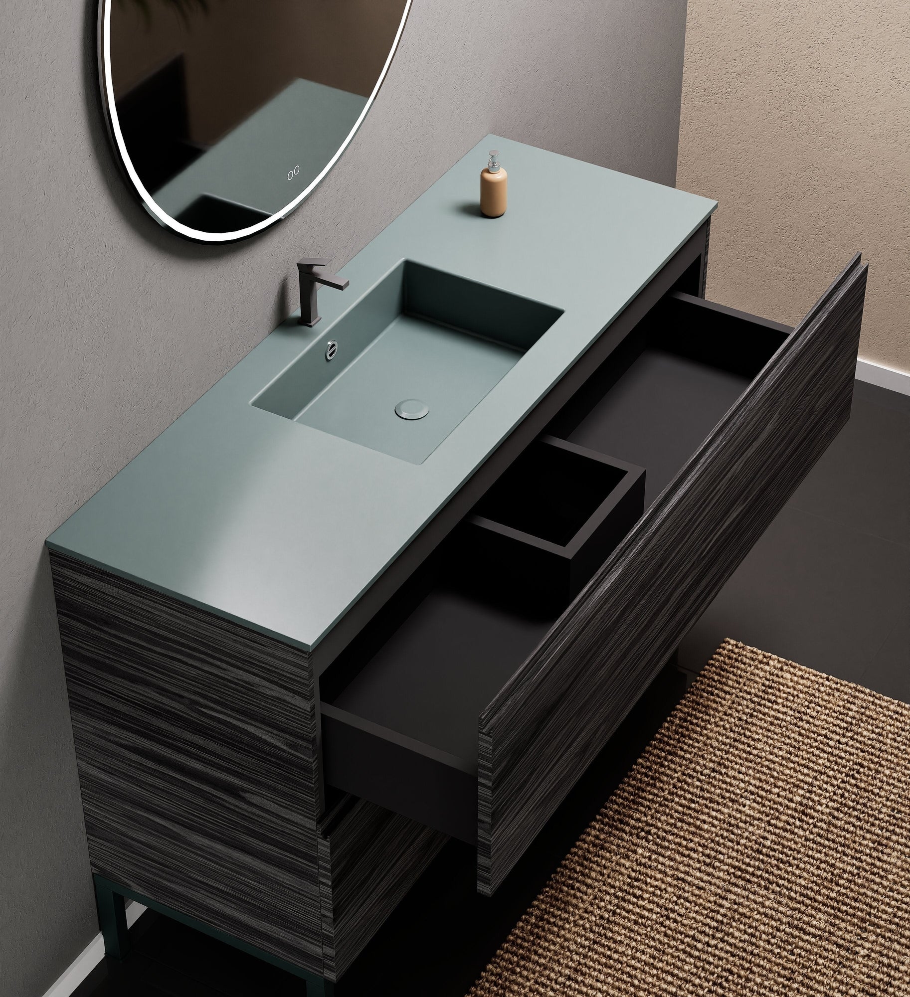 Aurora Single Set With Supporting Legs – Corian Sink & Countertop with 2 Drawers Vanity - ROVALUX