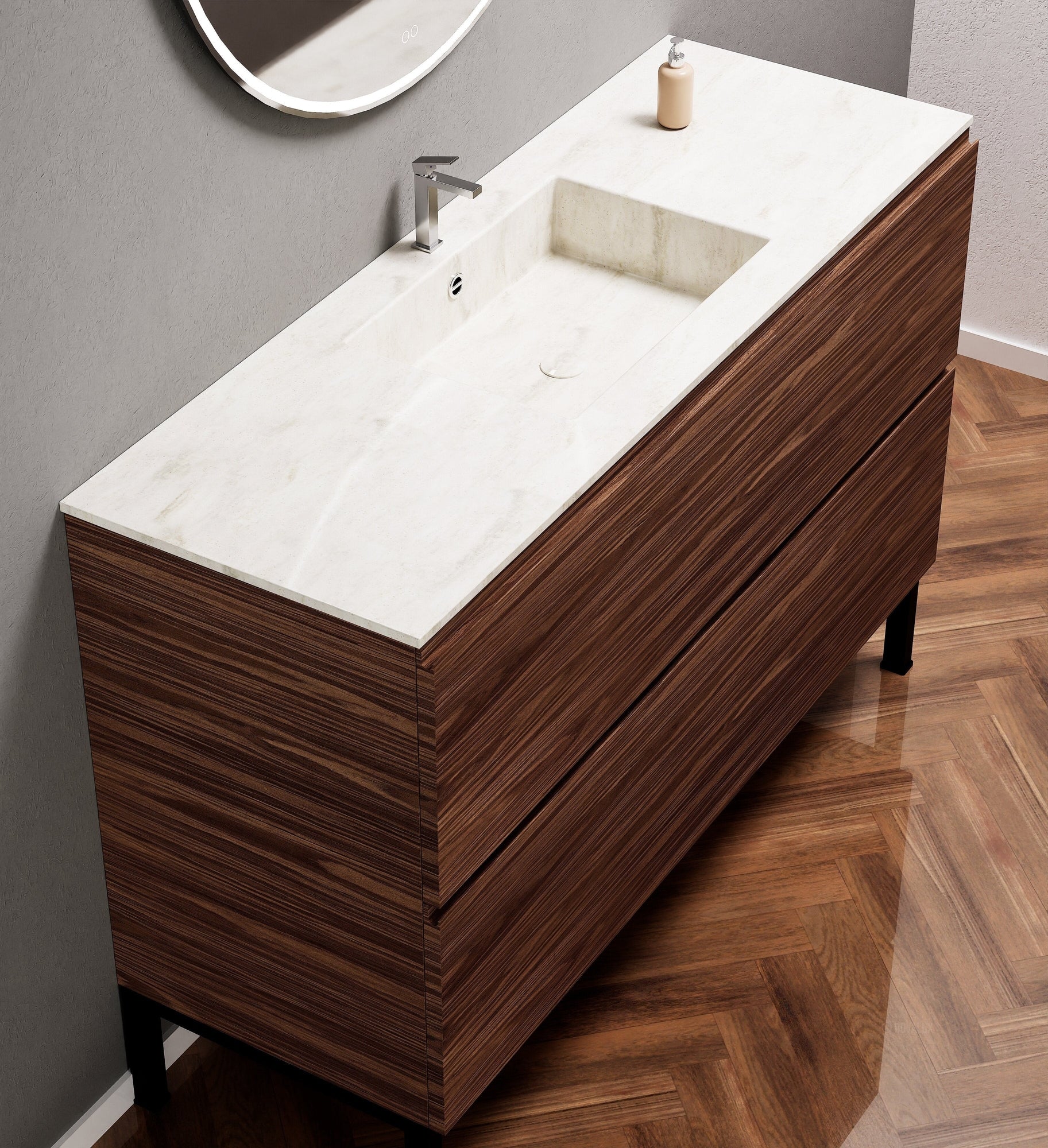 Aurora Single Set With Supporting Legs – Corian Sink & Countertop with 2 Drawers Vanity - ROVALUX
