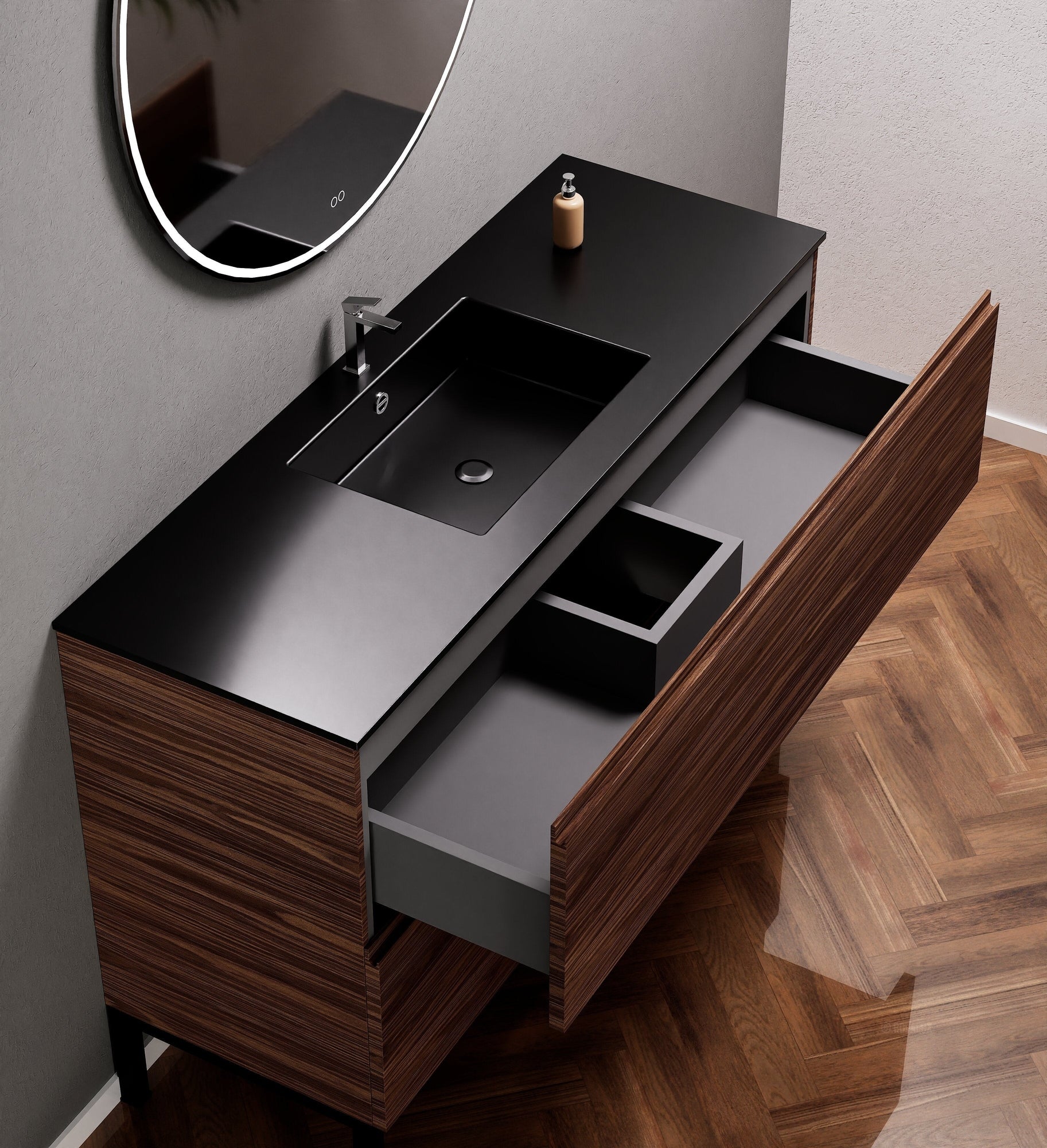 Aurora Single Set With Supporting Legs – Corian Sink & Countertop with 2 Drawers Vanity - ROVALUX