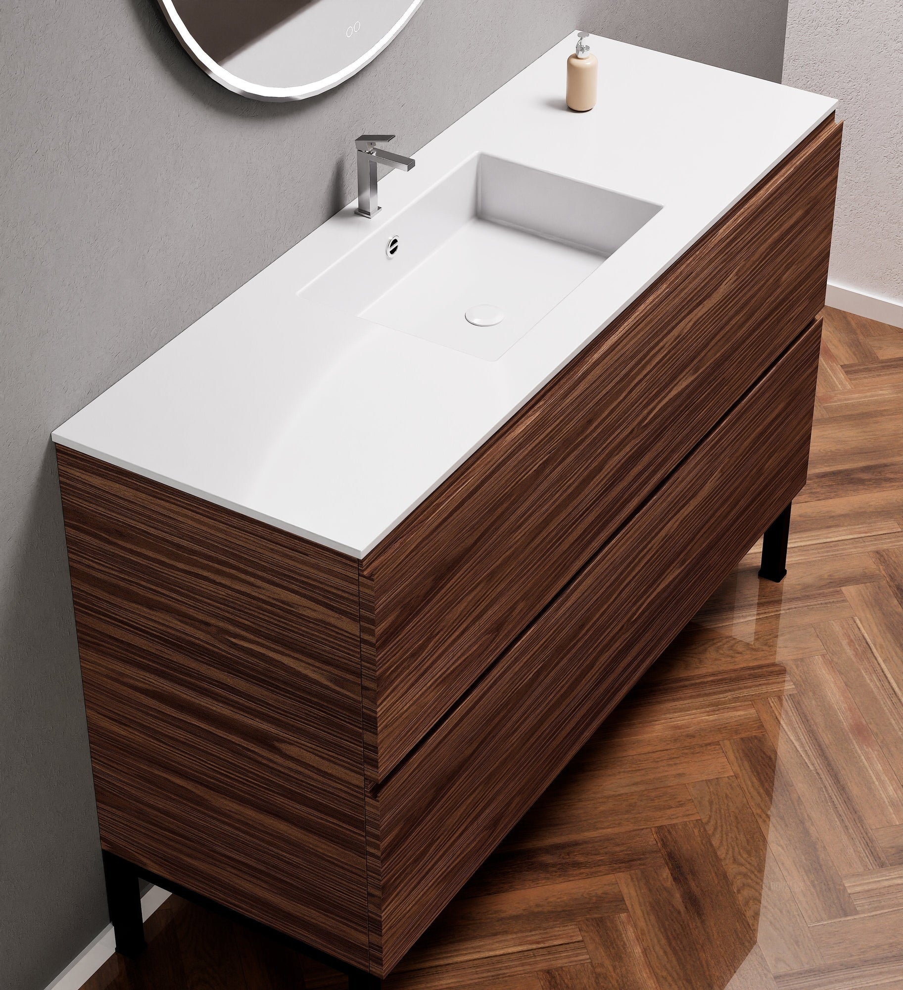 Aurora Single Set With Supporting Legs – Corian Sink & Countertop with 2 Drawers Vanity - ROVALUX