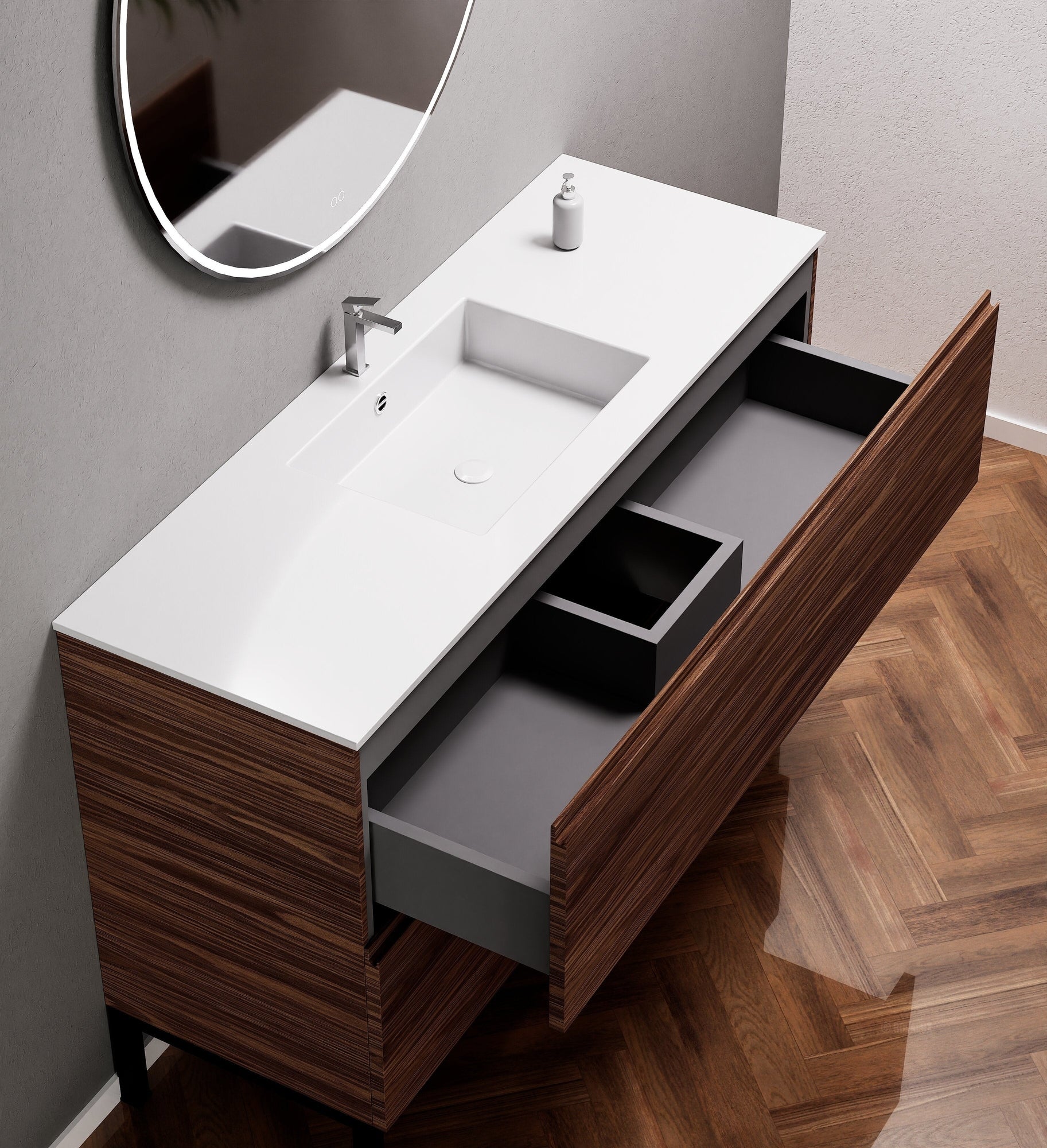 Aurora Single Set With Supporting Legs – Corian Sink & Countertop with 2 Drawers Vanity - ROVALUX