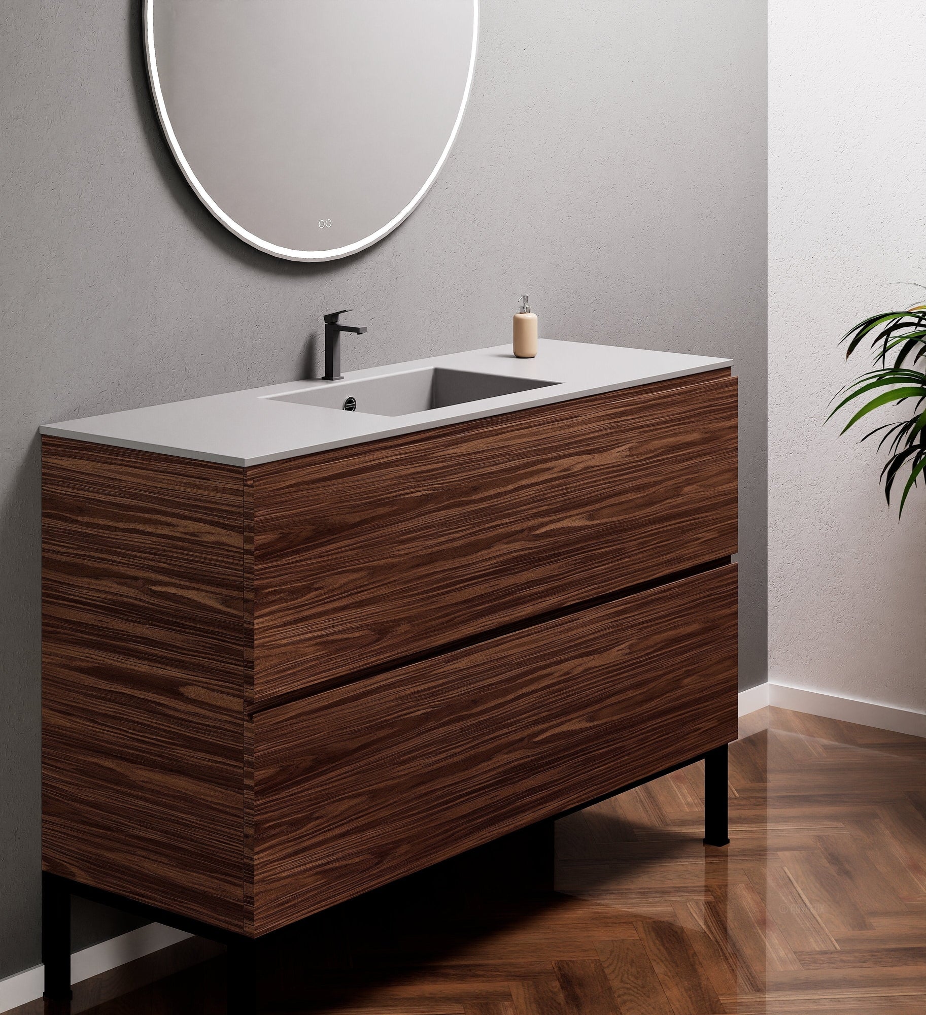 Aurora Single Set With Supporting Legs – Corian Sink & Countertop with 2 Drawers Vanity - ROVALUX