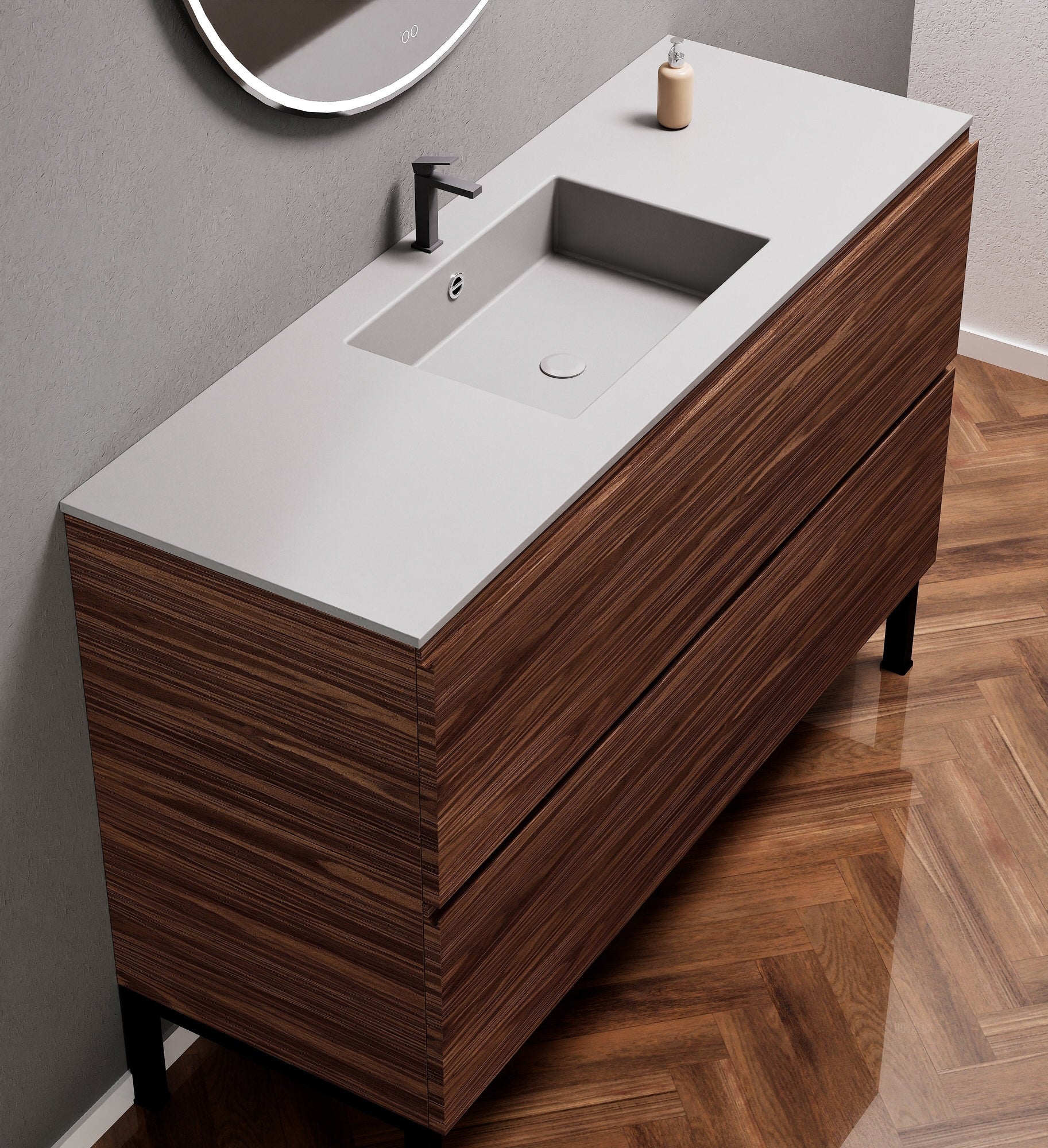 Aurora Single Set With Supporting Legs – Corian Sink & Countertop with 2 Drawers Vanity - ROVALUX