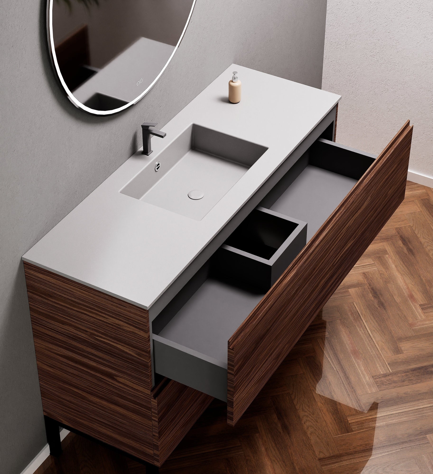 Aurora Single Set With Supporting Legs – Corian Sink & Countertop with 2 Drawers Vanity - ROVALUX
