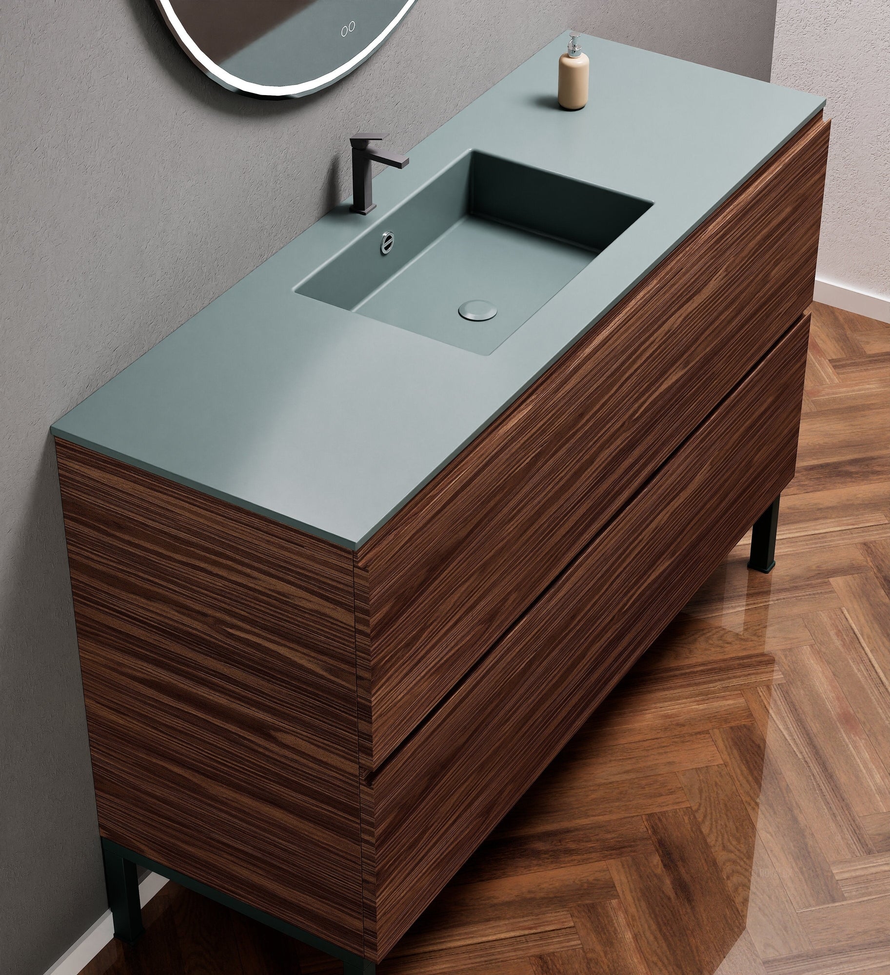 Aurora Single Set With Supporting Legs – Corian Sink & Countertop with 2 Drawers Vanity - ROVALUX