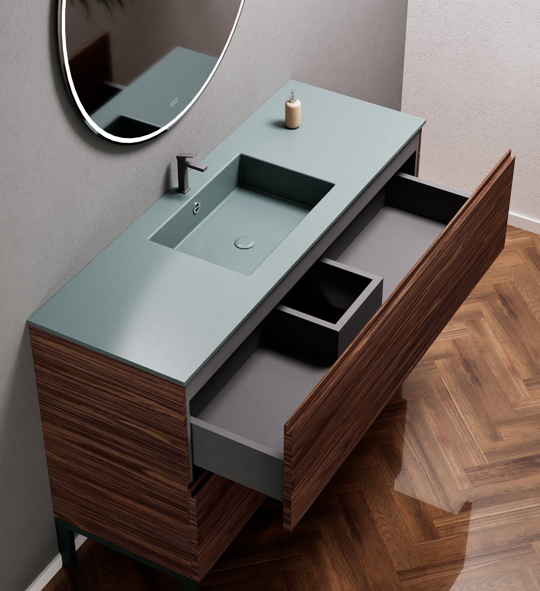 Aurora Single Set With Supporting Legs – Corian Sink & Countertop with 2 Drawers Vanity - ROVALUX