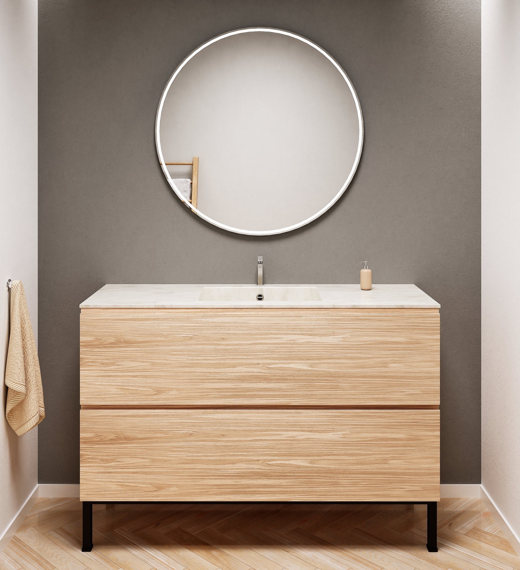 Aurora Single Set With Supporting Legs – Corian Sink & Countertop with 2 Drawers Vanity - ROVALUX